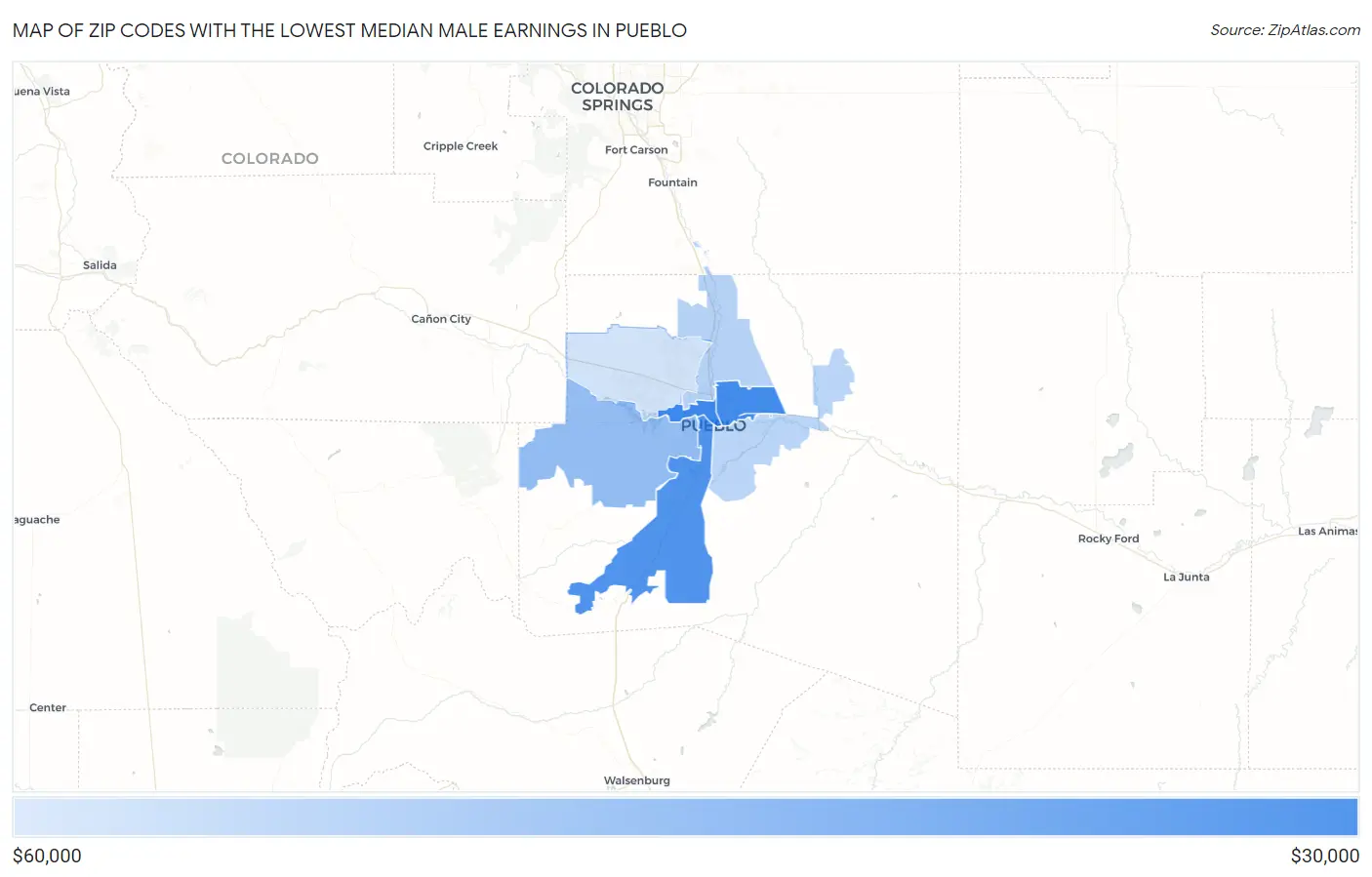 Zip Codes with the Lowest Median Male Earnings in Pueblo Map