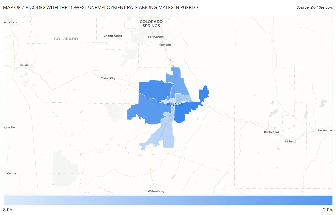 Zip Codes with the Lowest Unemployment Rate Among Males in Pueblo Map