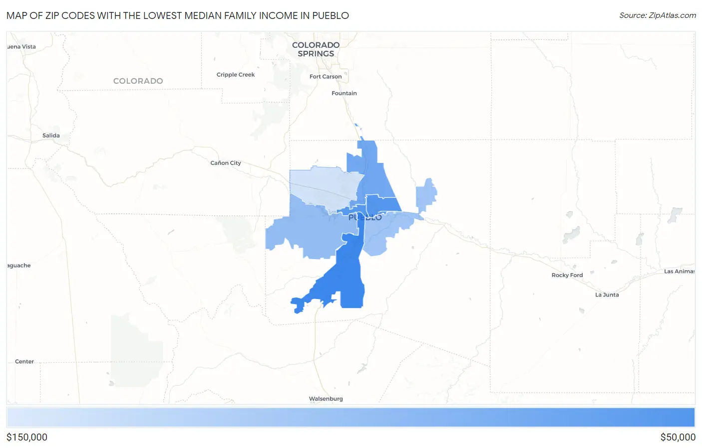 Zip Codes with the Lowest Median Family Income in Pueblo Map
