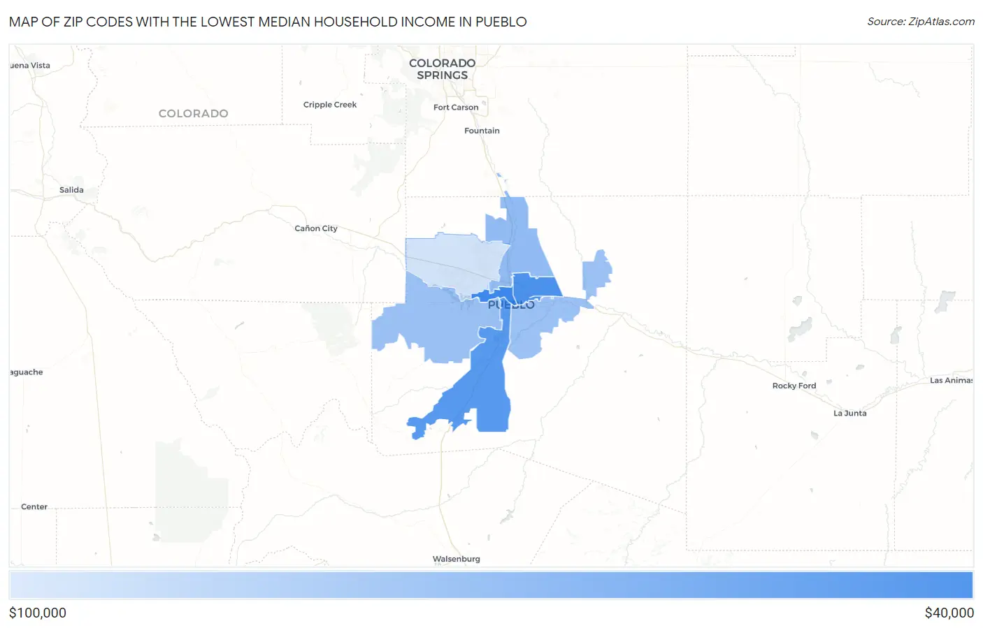 Zip Codes with the Lowest Median Household Income in Pueblo Map