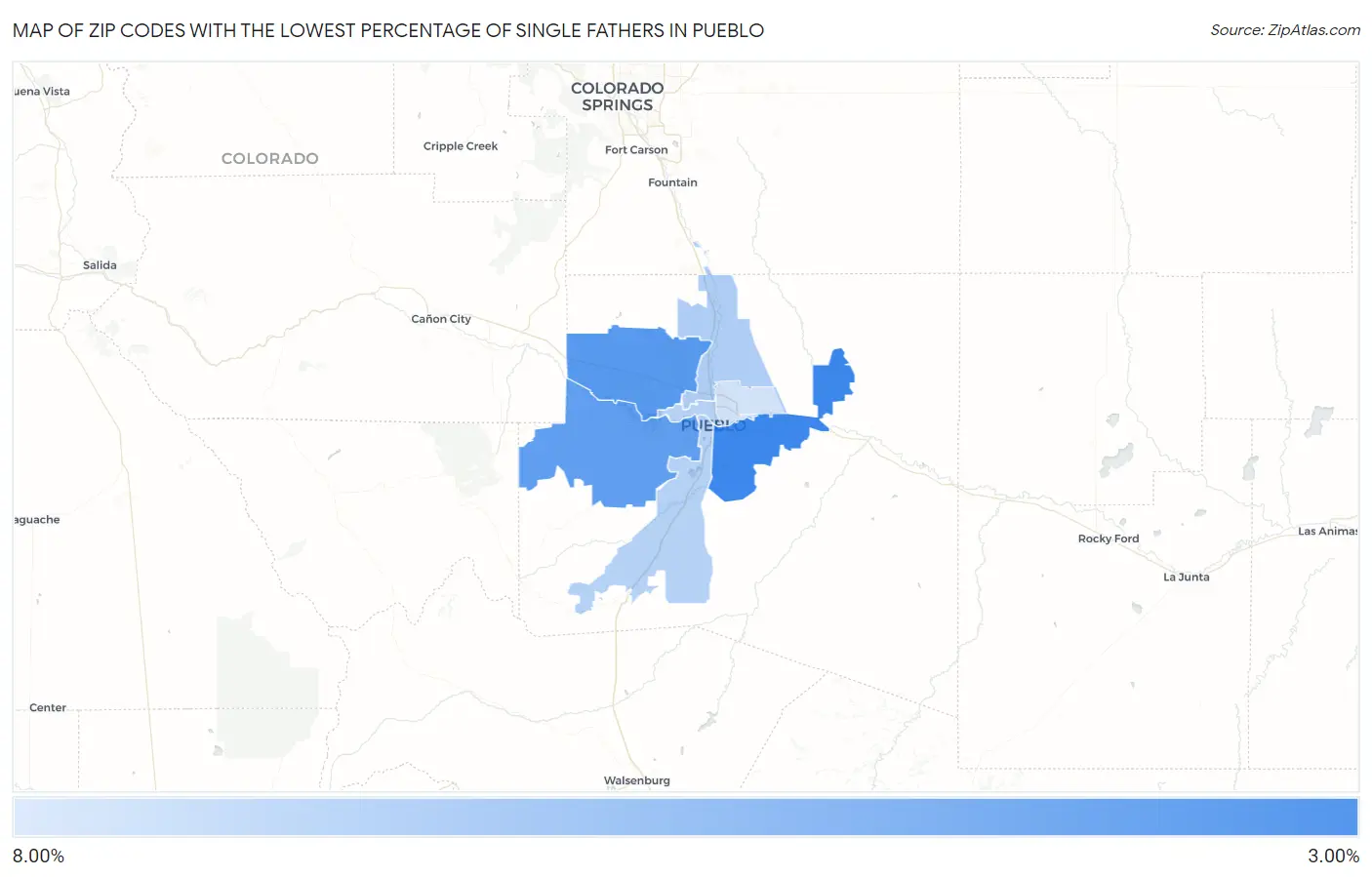 Zip Codes with the Lowest Percentage of Single Fathers in Pueblo Map