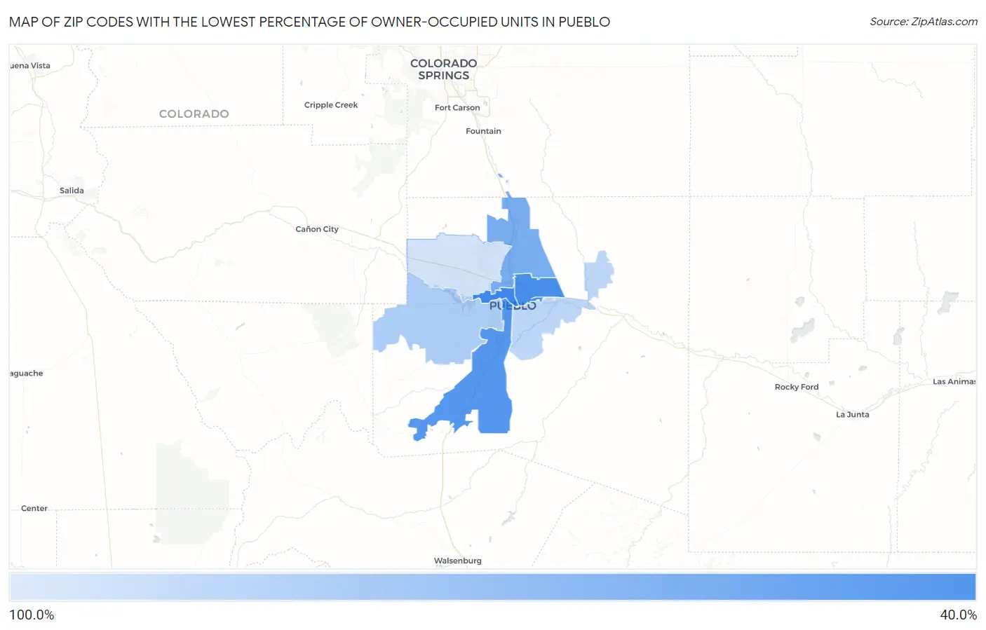 Zip Codes with the Lowest Percentage of Owner-Occupied Units in Pueblo Map