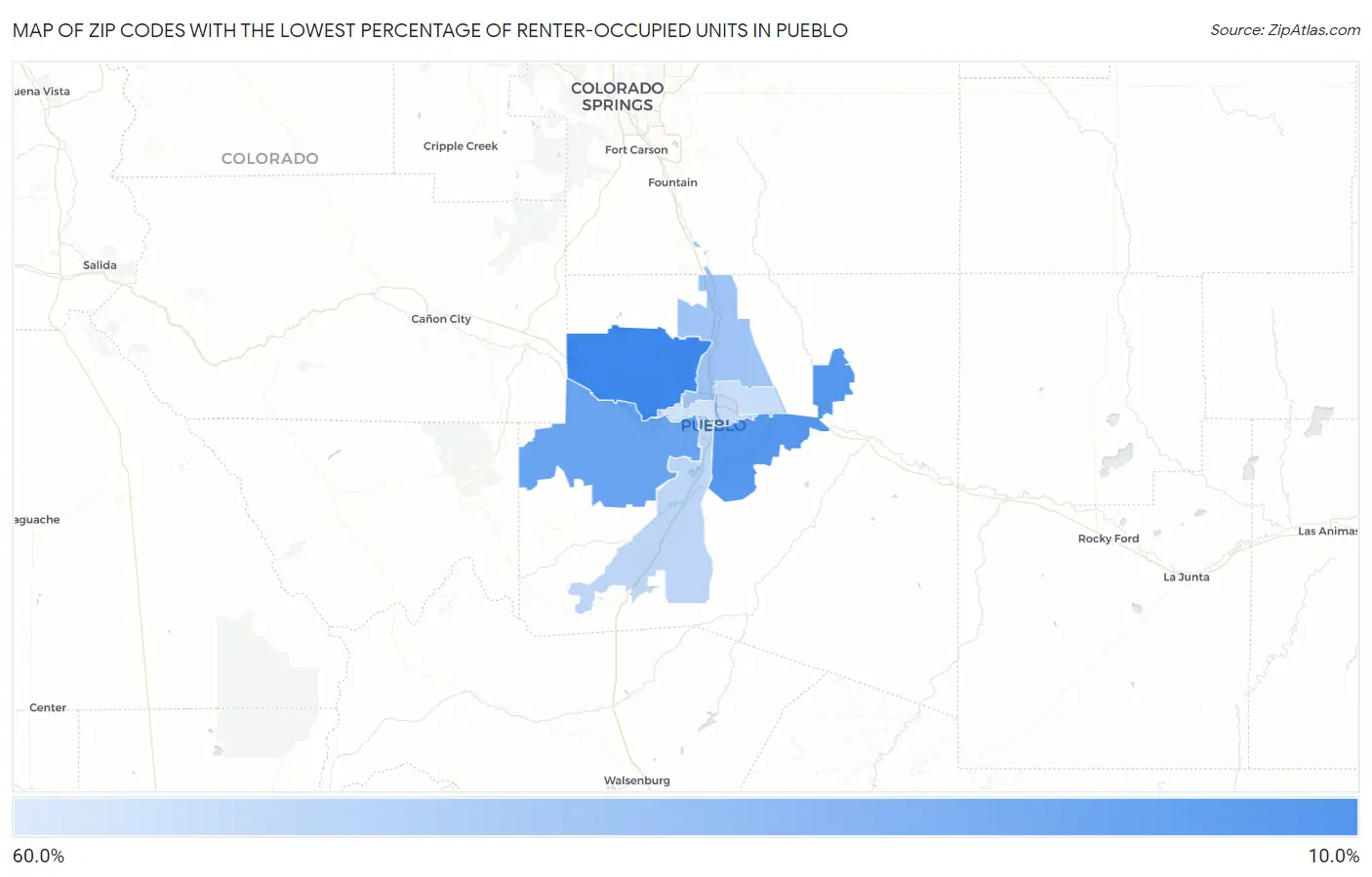 Zip Codes with the Lowest Percentage of Renter-Occupied Units in Pueblo Map