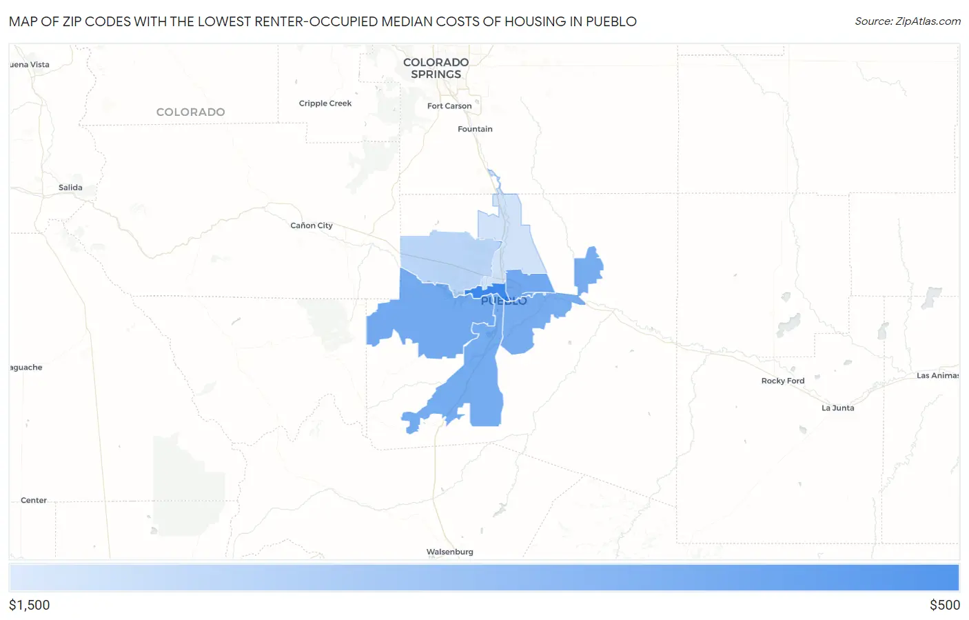 Zip Codes with the Lowest Renter-Occupied Median Costs of Housing in Pueblo Map