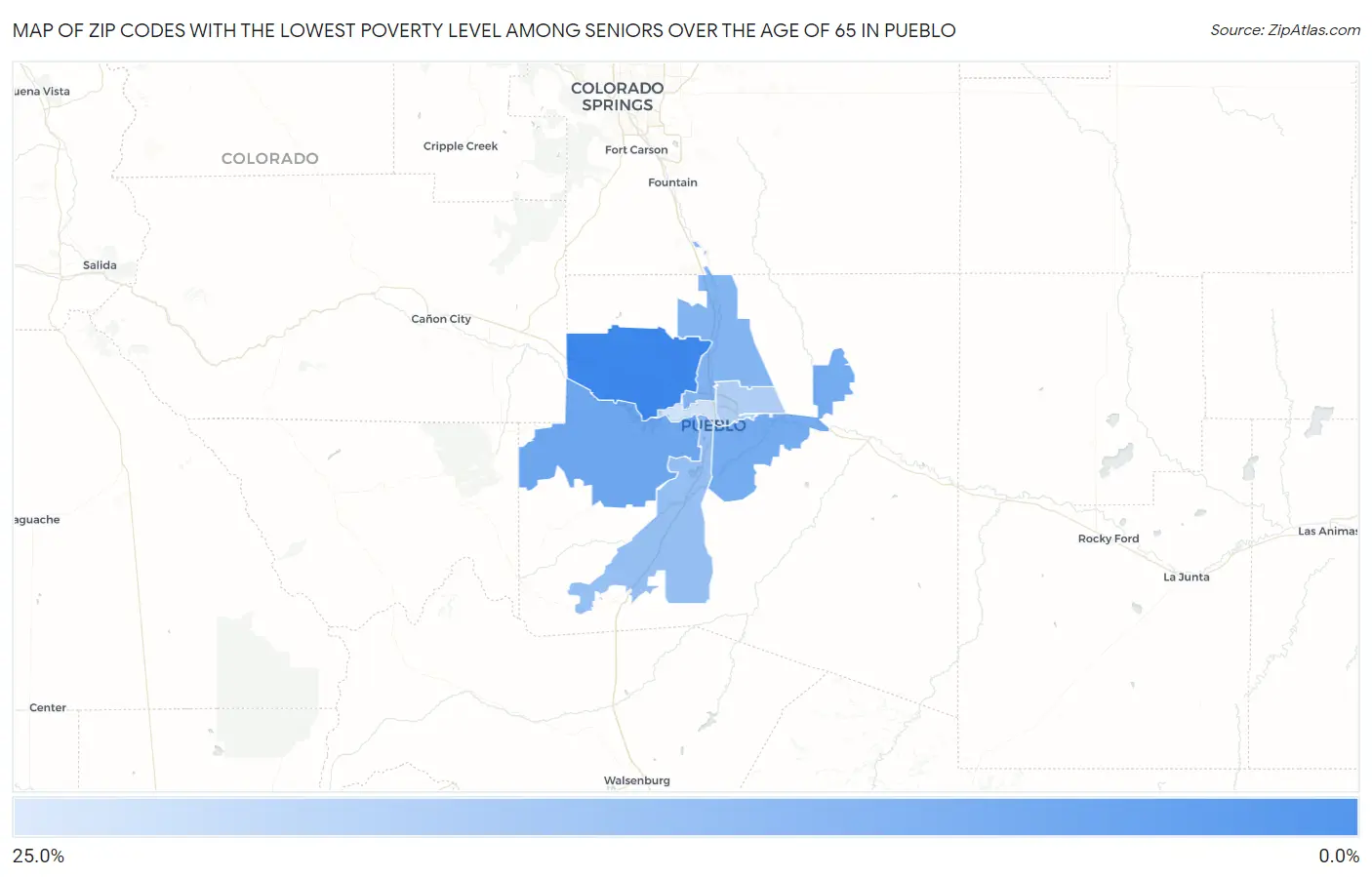Zip Codes with the Lowest Poverty Level Among Seniors Over the Age of 65 in Pueblo Map