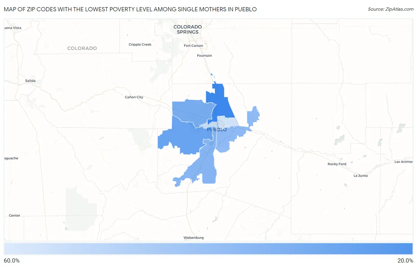 Zip Codes with the Lowest Poverty Level Among Single Mothers in Pueblo Map