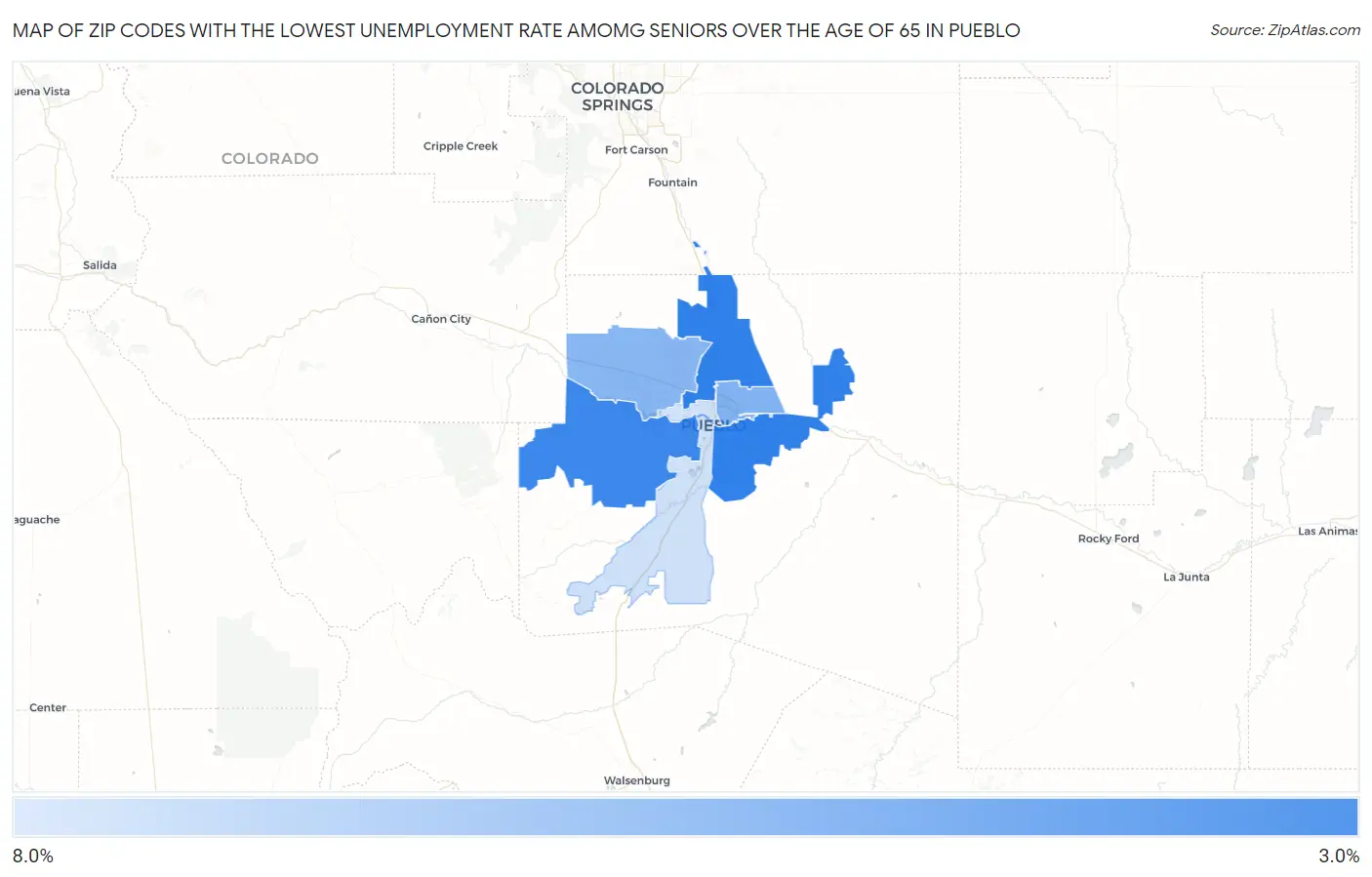 Zip Codes with the Lowest Unemployment Rate Amomg Seniors Over the Age of 65 in Pueblo Map