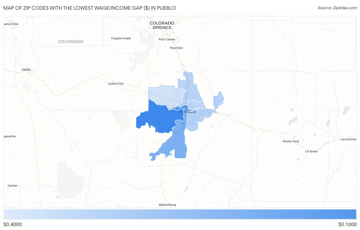 Zip Codes with the Lowest Wage/Income Gap ($) in Pueblo Map