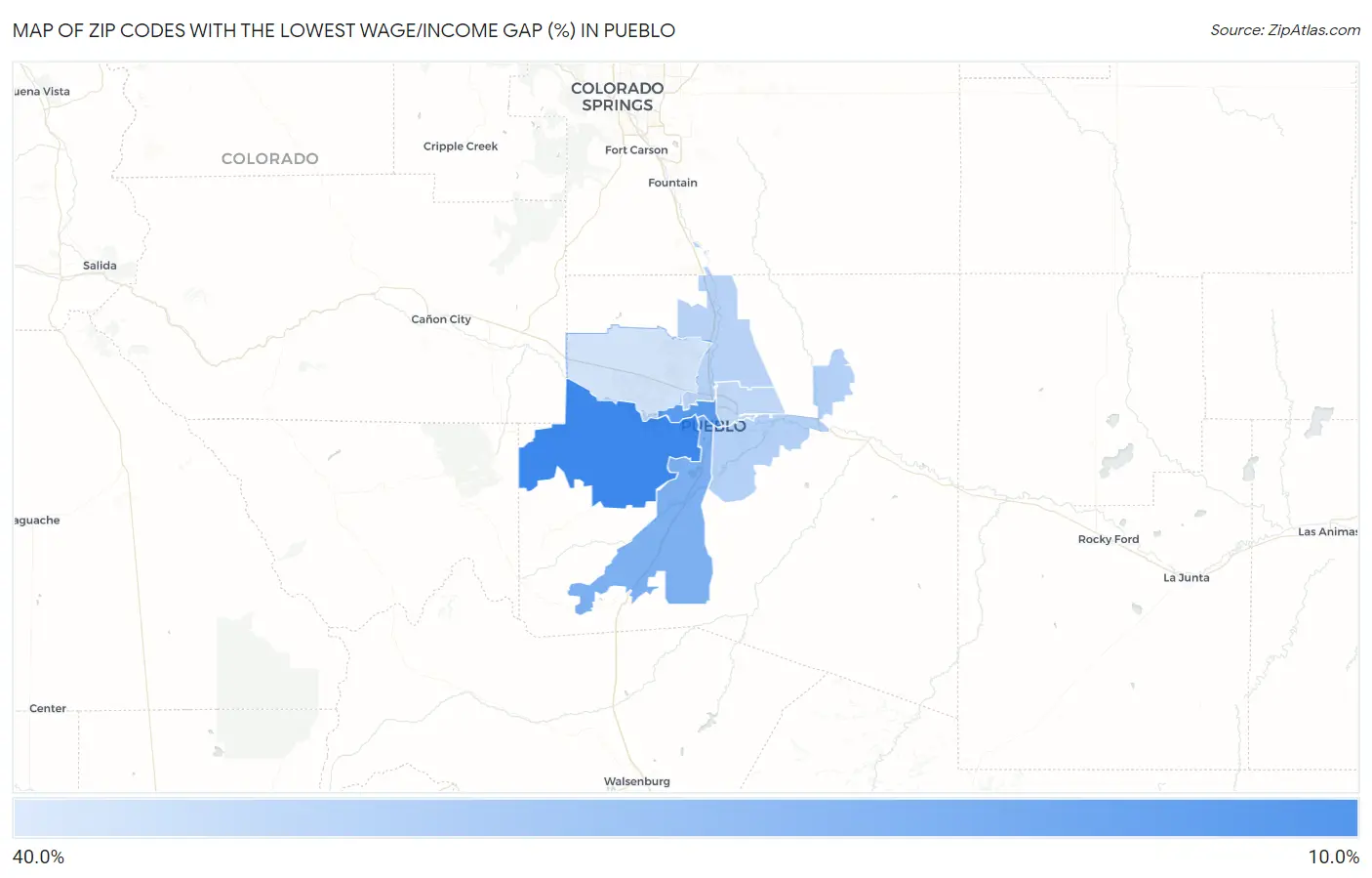 Zip Codes with the Lowest Wage/Income Gap (%) in Pueblo Map