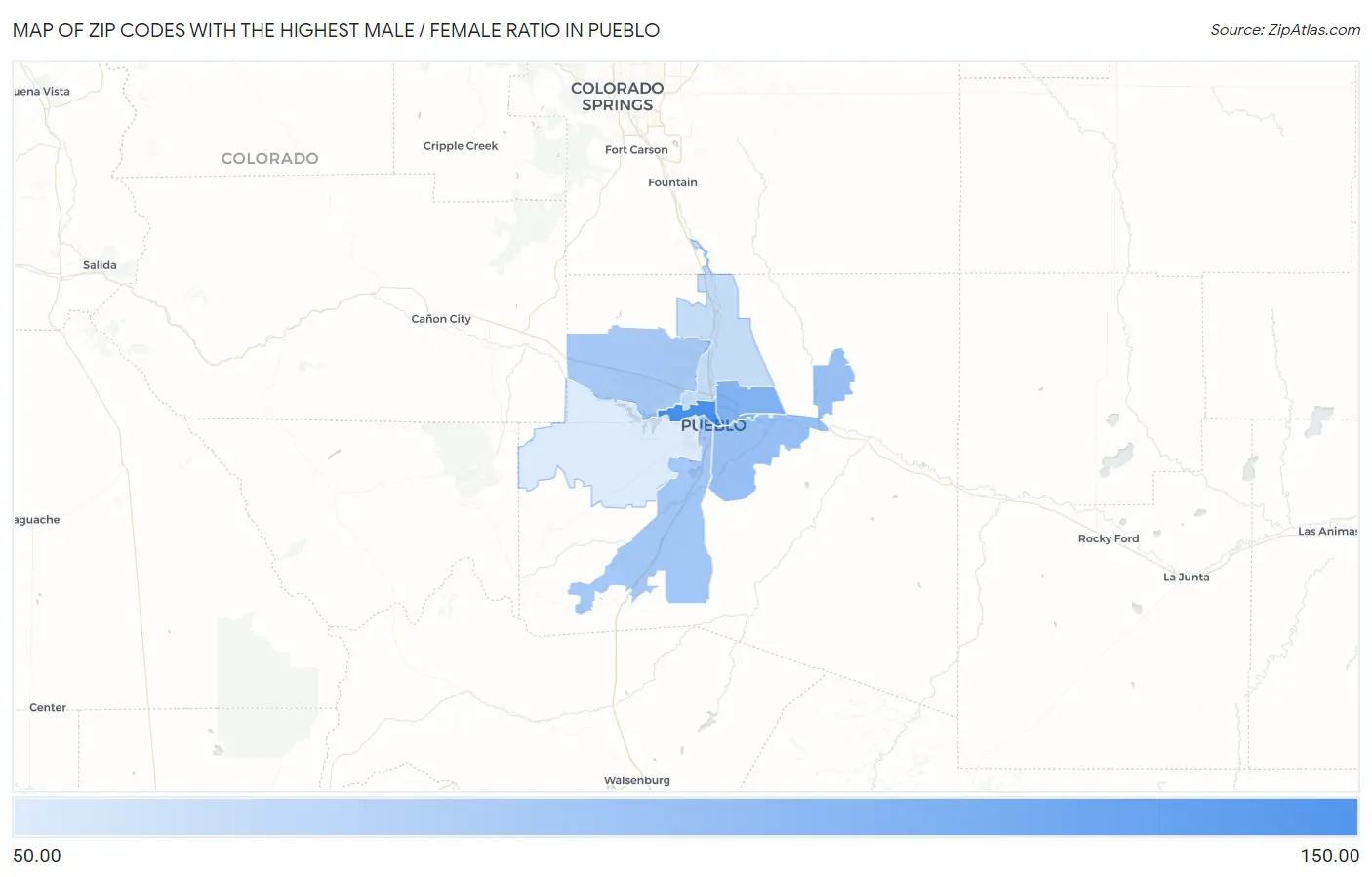 Zip Codes with the Highest Male / Female Ratio in Pueblo Map