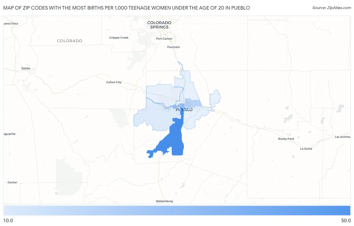 Zip Codes with the Most Births per 1,000 Teenage Women Under the Age of 20 in Pueblo Map