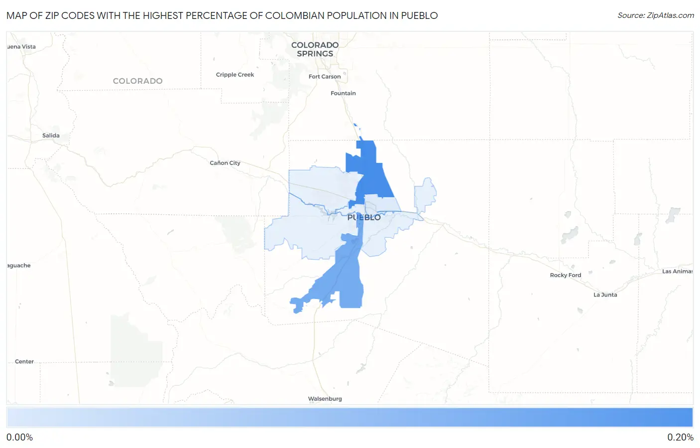 Zip Codes with the Highest Percentage of Colombian Population in Pueblo Map