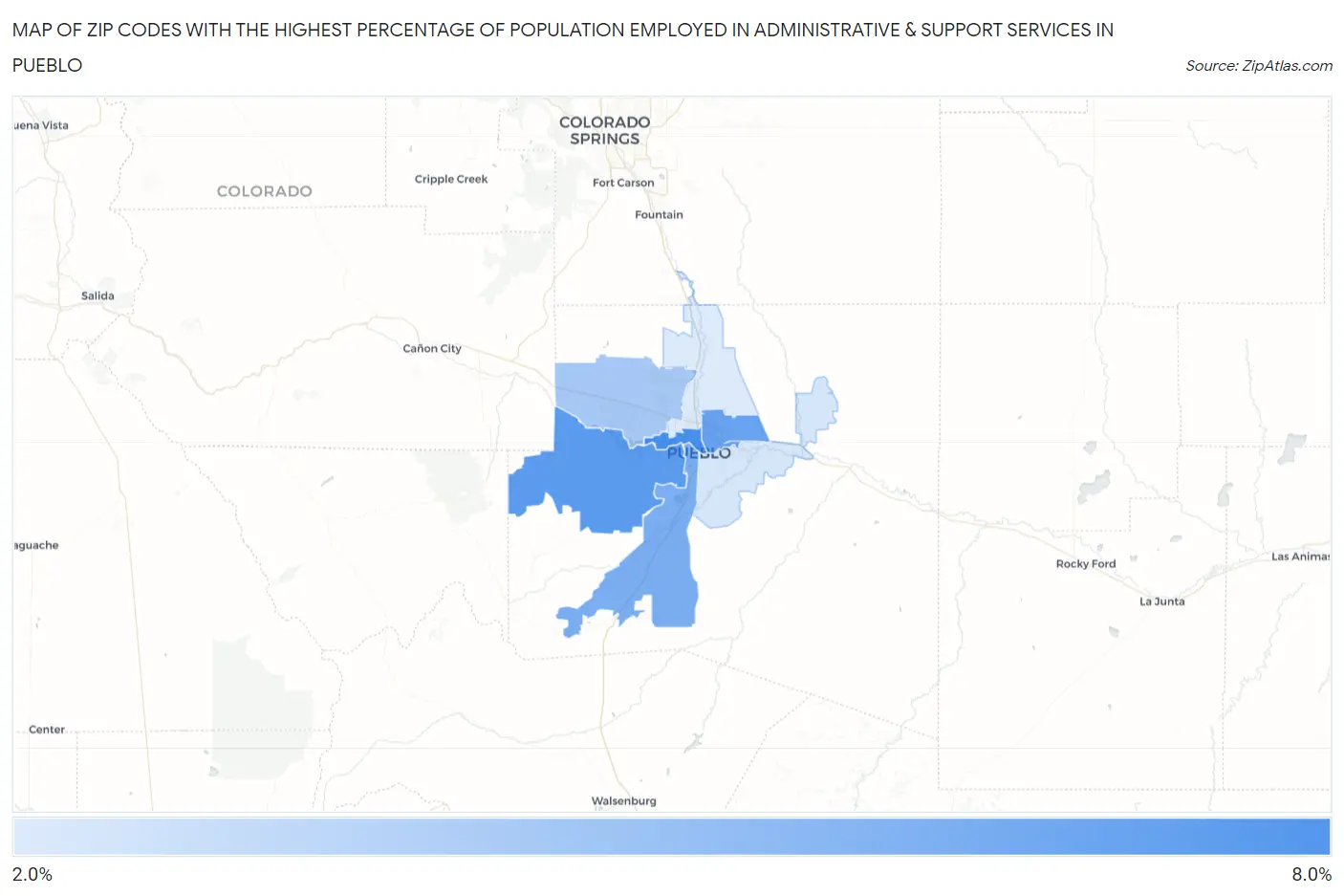 Zip Codes with the Highest Percentage of Population Employed in Administrative & Support Services in Pueblo Map