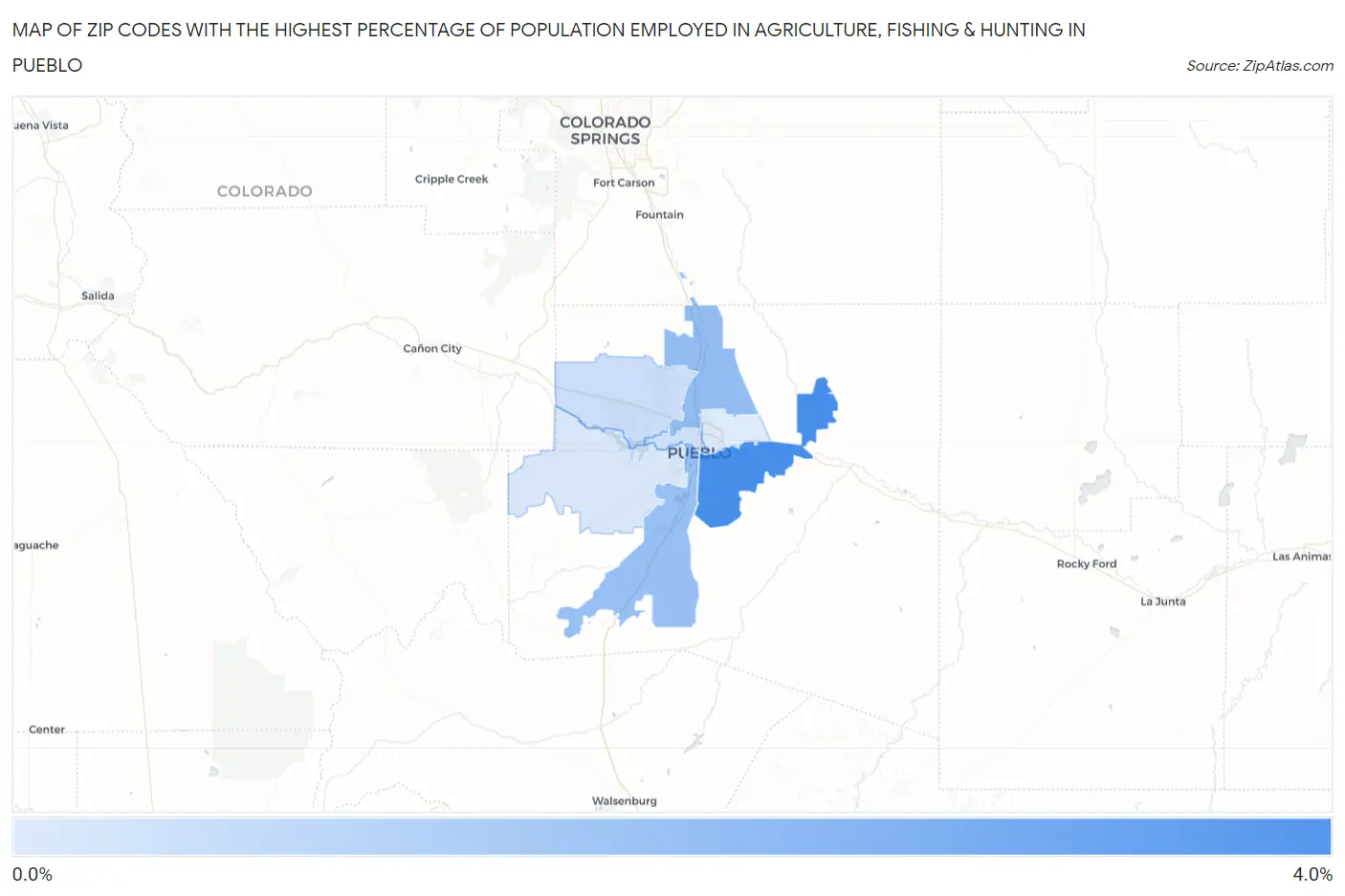 Zip Codes with the Highest Percentage of Population Employed in Agriculture, Fishing & Hunting in Pueblo Map