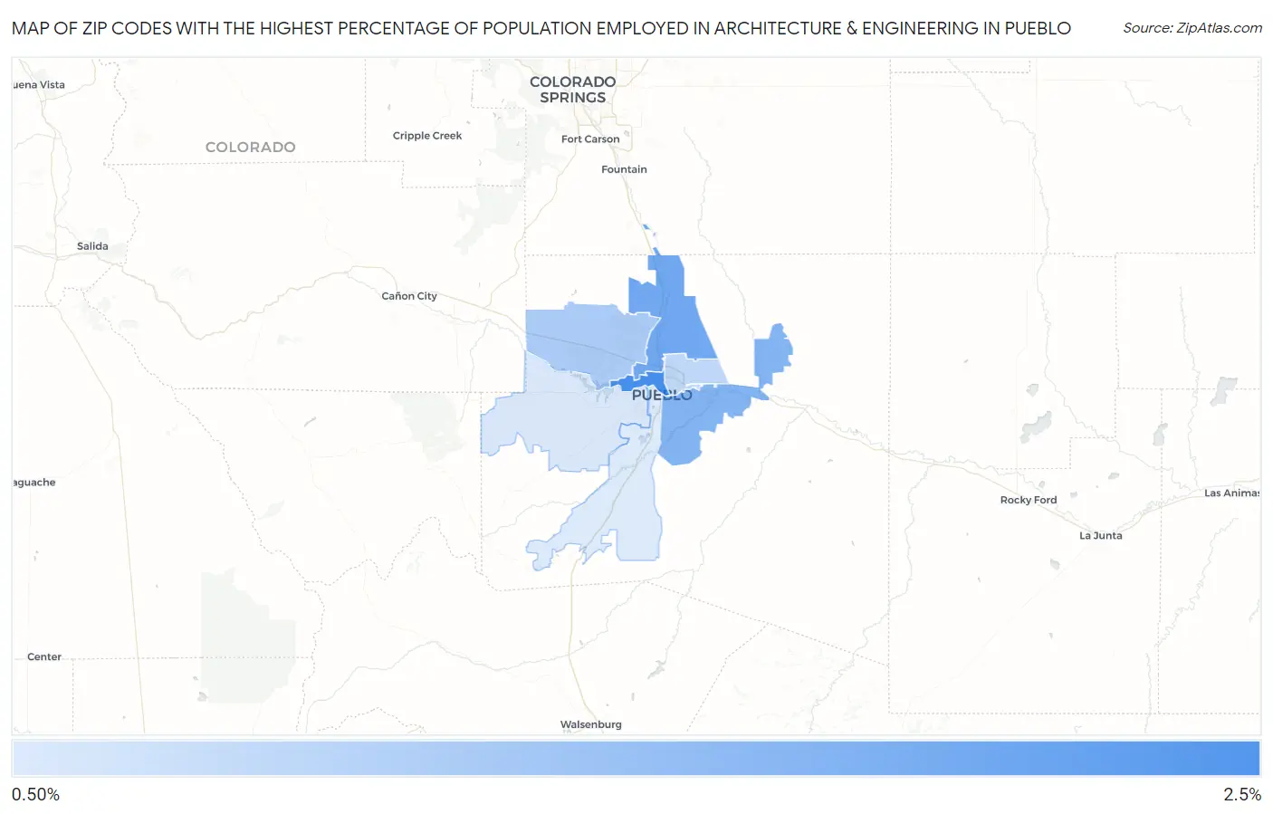 Zip Codes with the Highest Percentage of Population Employed in Architecture & Engineering in Pueblo Map
