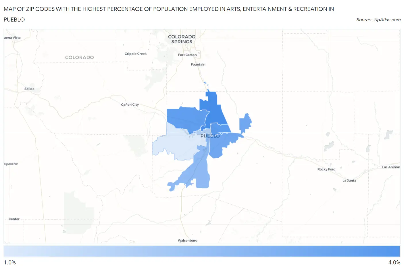 Zip Codes with the Highest Percentage of Population Employed in Arts, Entertainment & Recreation in Pueblo Map
