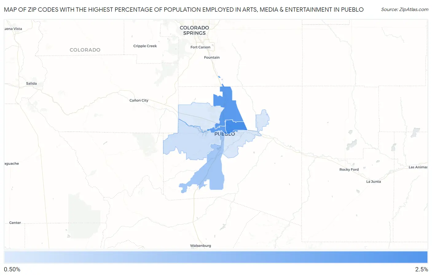 Zip Codes with the Highest Percentage of Population Employed in Arts, Media & Entertainment in Pueblo Map