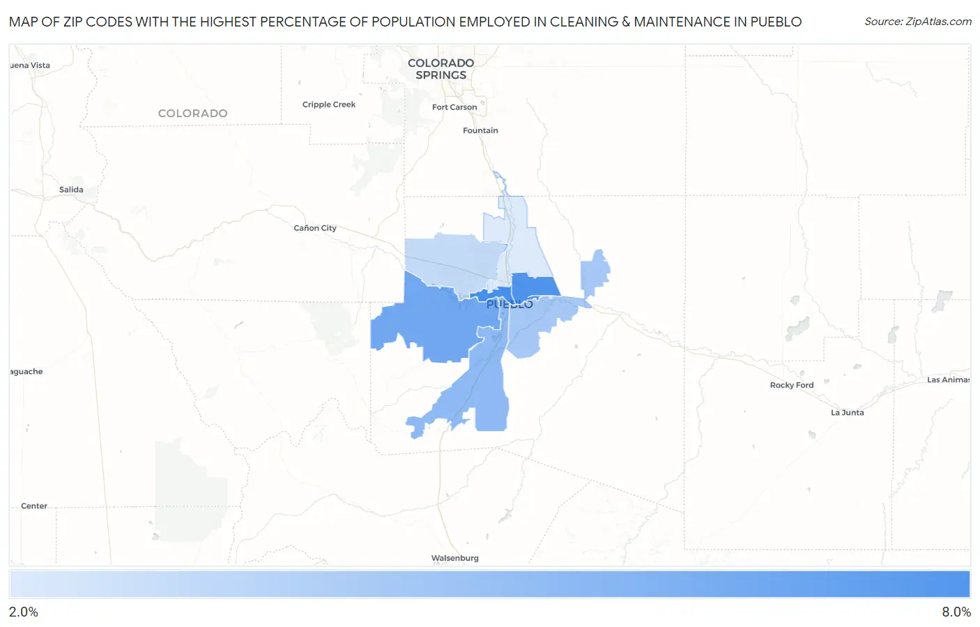 Zip Codes with the Highest Percentage of Population Employed in Cleaning & Maintenance in Pueblo Map