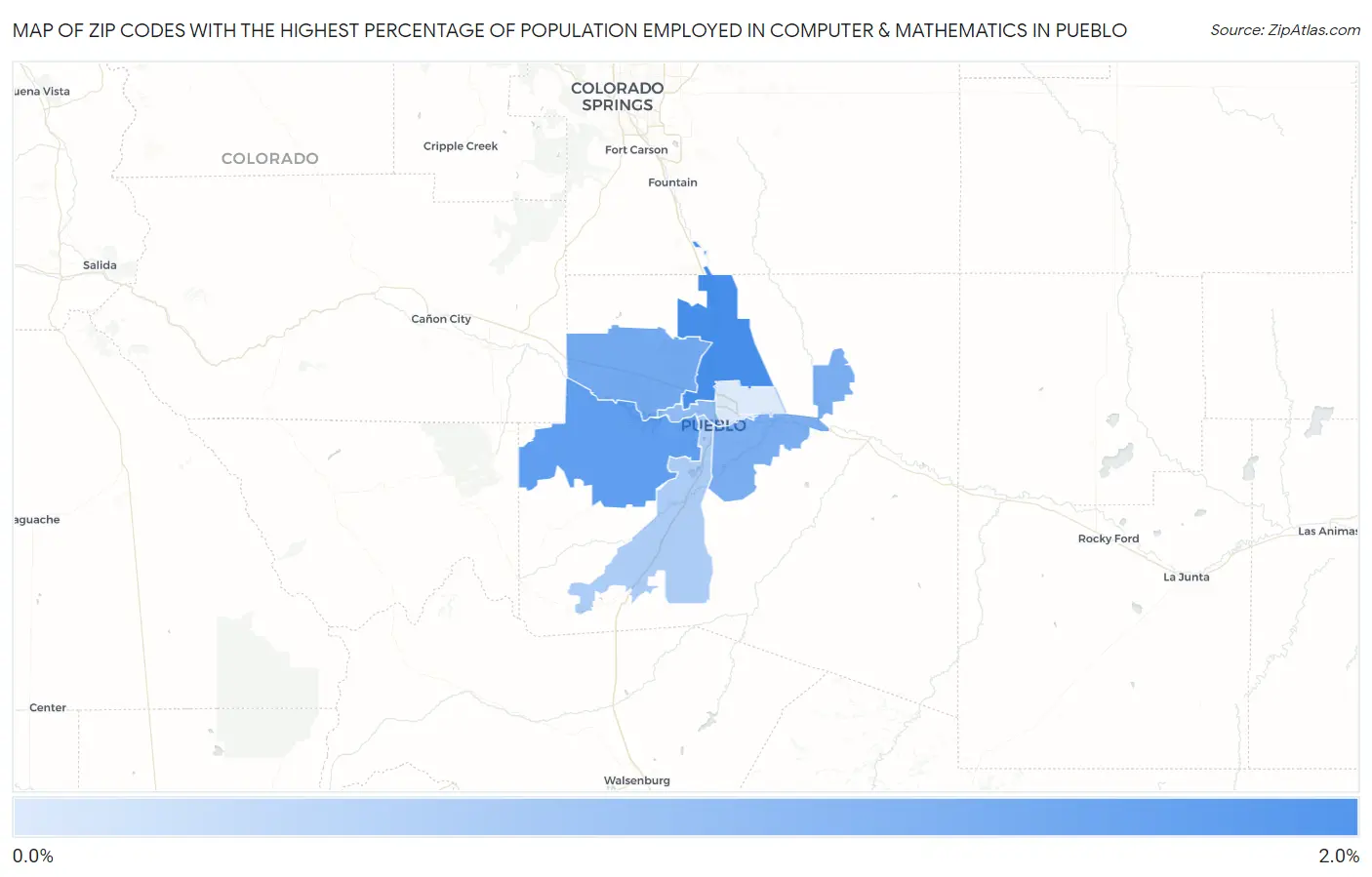 Zip Codes with the Highest Percentage of Population Employed in Computer & Mathematics in Pueblo Map