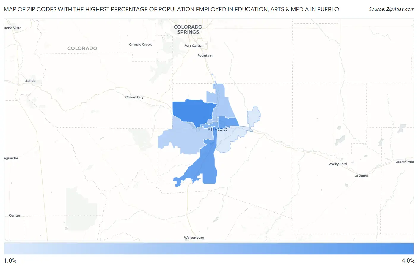 Zip Codes with the Highest Percentage of Population Employed in Education, Arts & Media in Pueblo Map