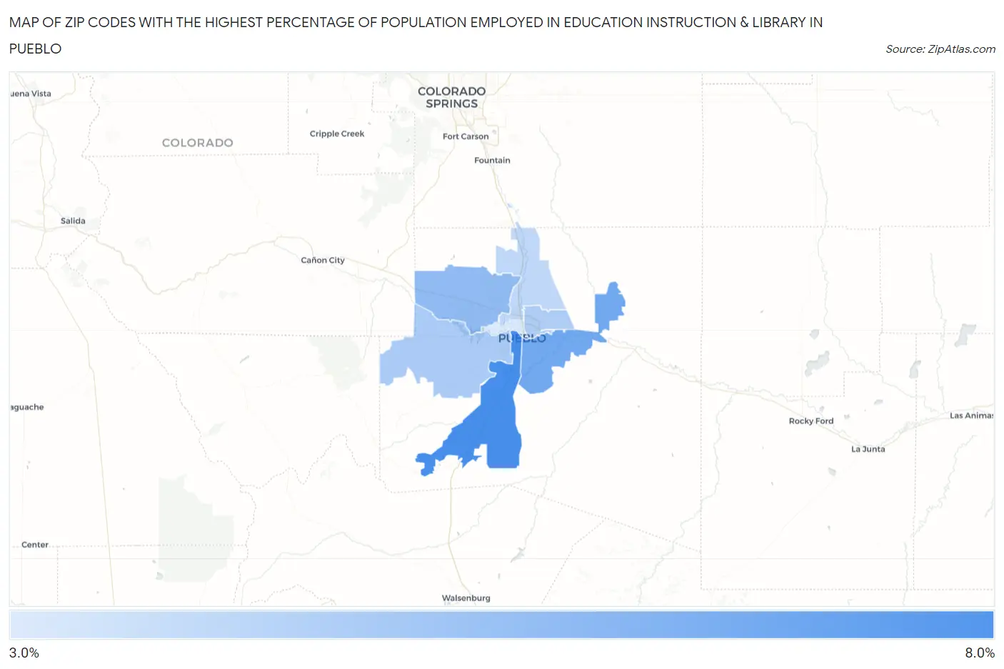 Zip Codes with the Highest Percentage of Population Employed in Education Instruction & Library in Pueblo Map
