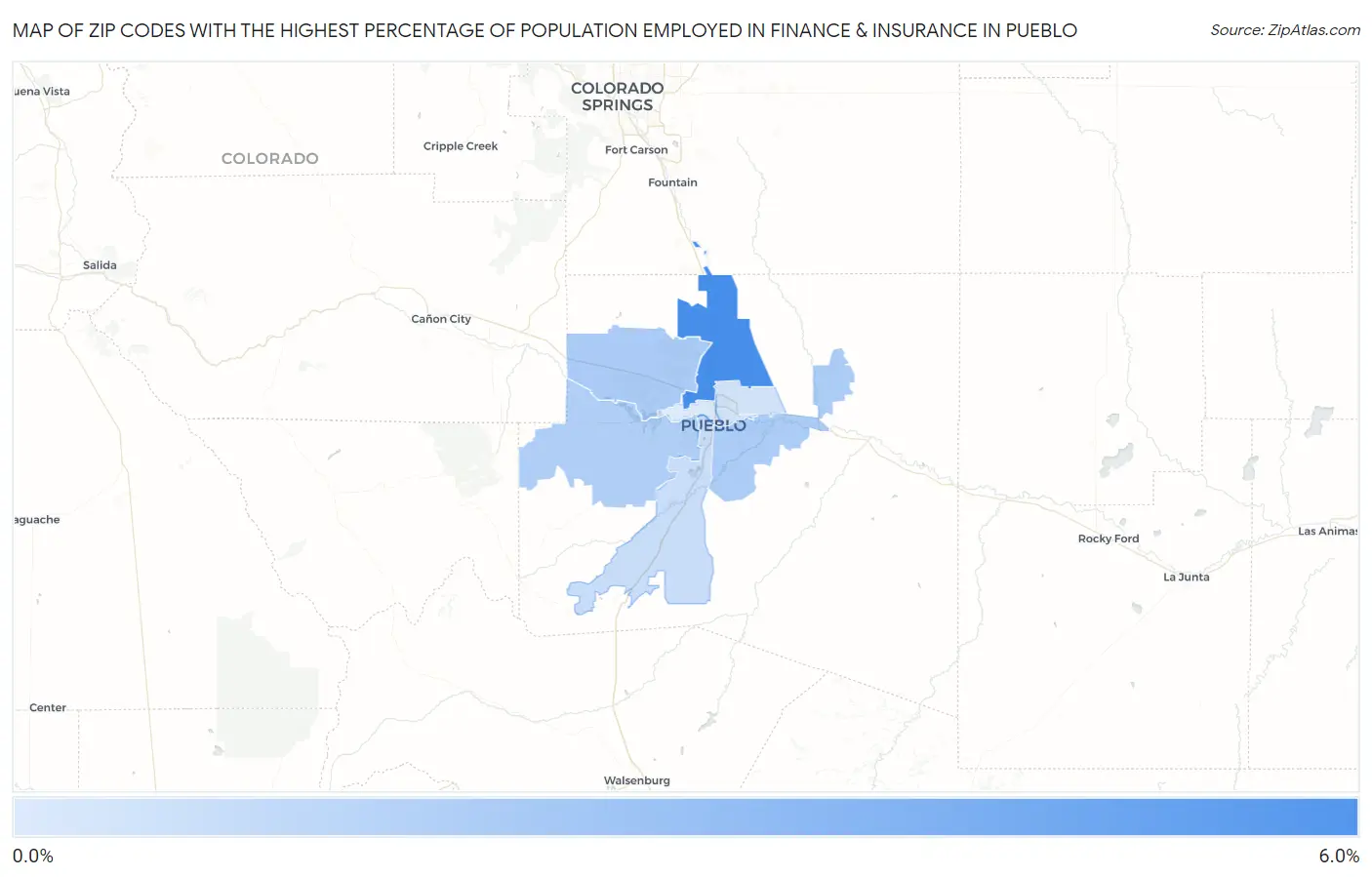 Zip Codes with the Highest Percentage of Population Employed in Finance & Insurance in Pueblo Map
