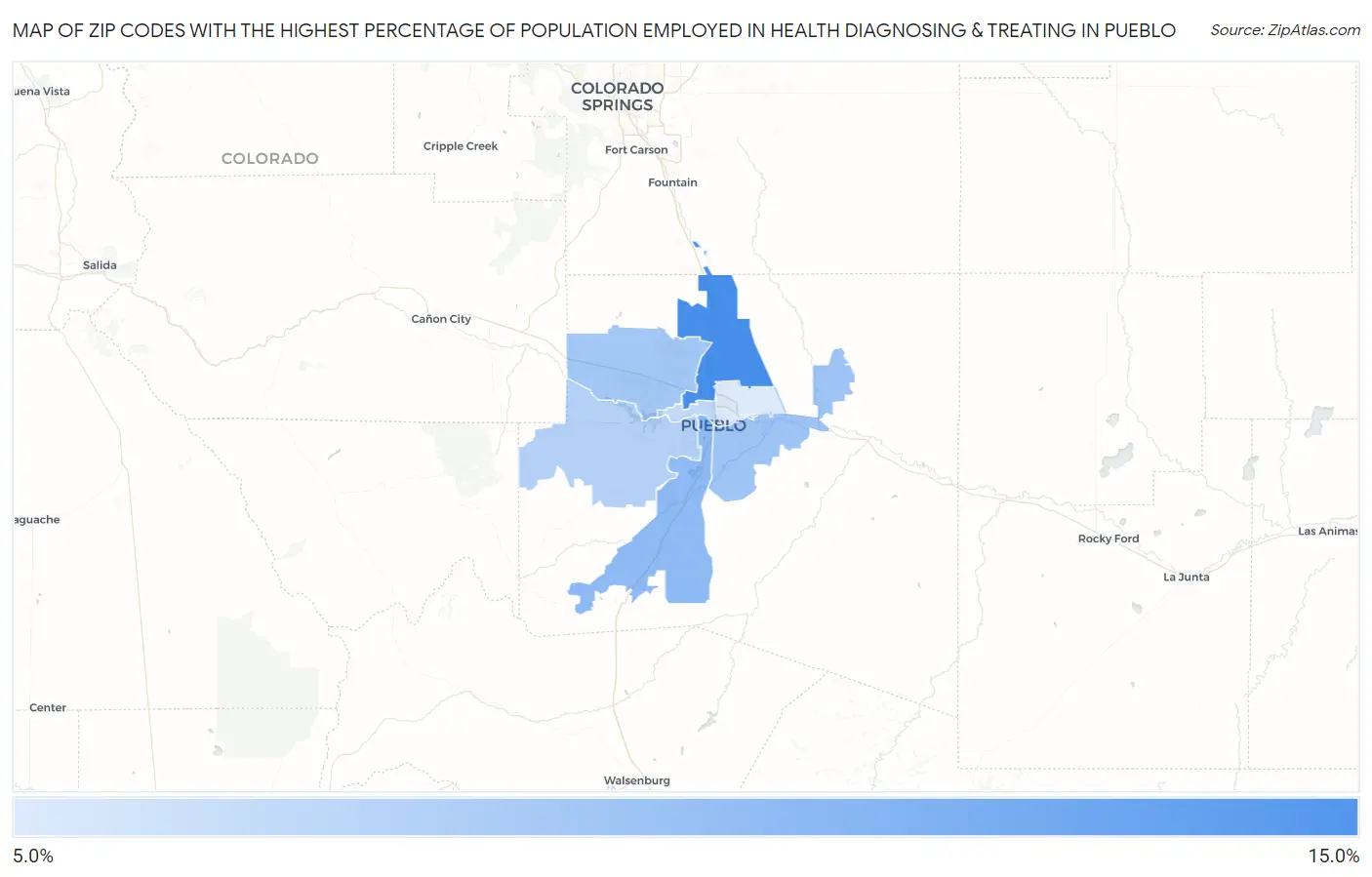 Zip Codes with the Highest Percentage of Population Employed in Health Diagnosing & Treating in Pueblo Map