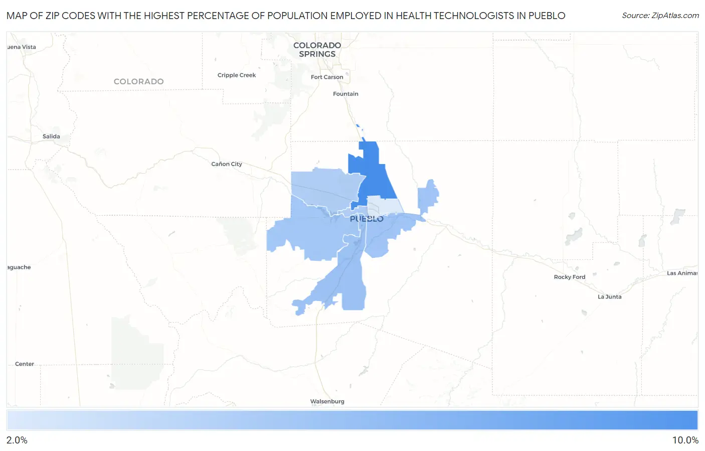 Zip Codes with the Highest Percentage of Population Employed in Health Technologists in Pueblo Map