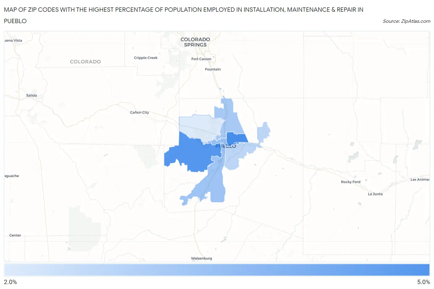 Zip Codes with the Highest Percentage of Population Employed in Installation, Maintenance & Repair in Pueblo Map