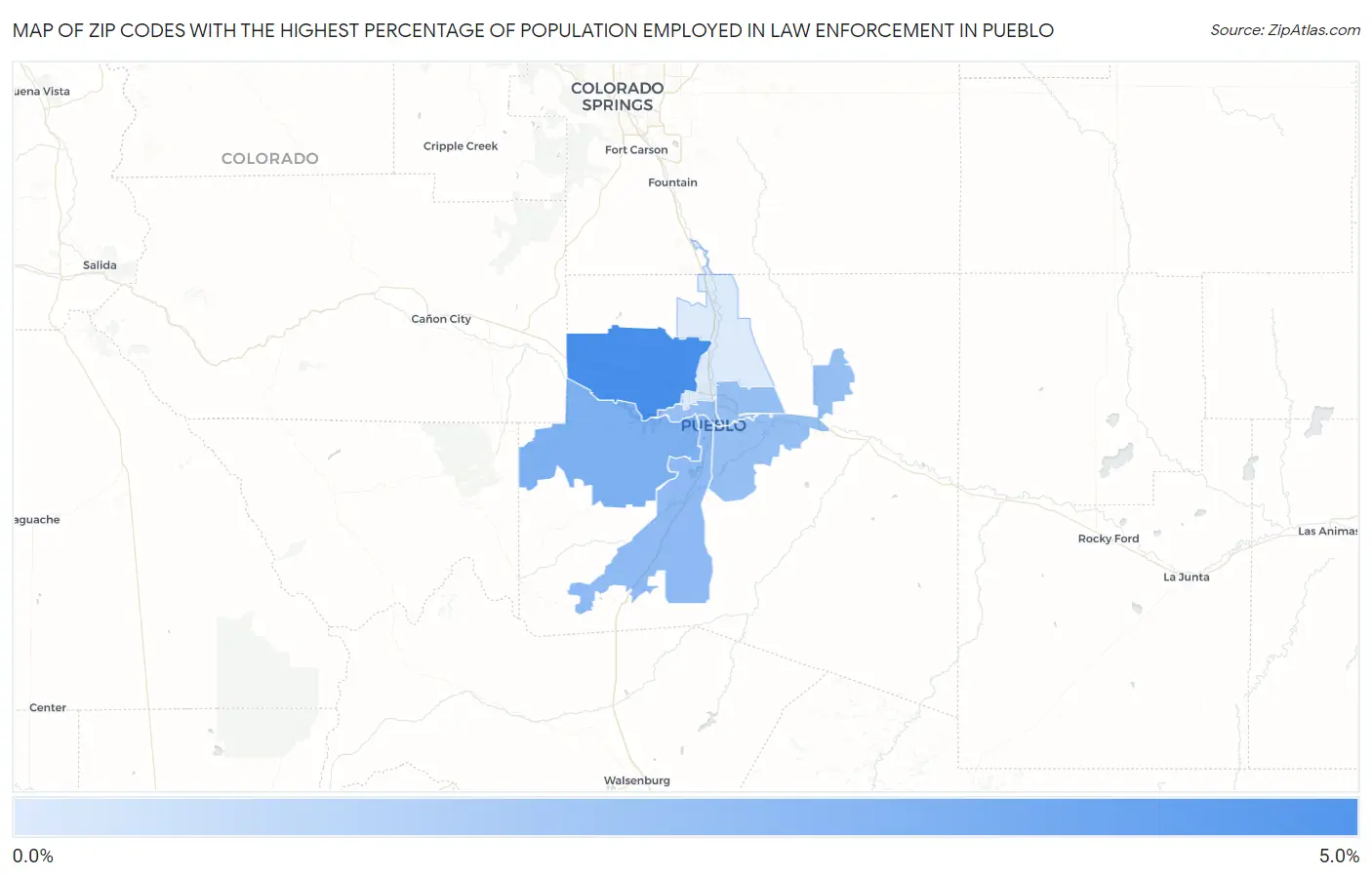 Zip Codes with the Highest Percentage of Population Employed in Law Enforcement in Pueblo Map