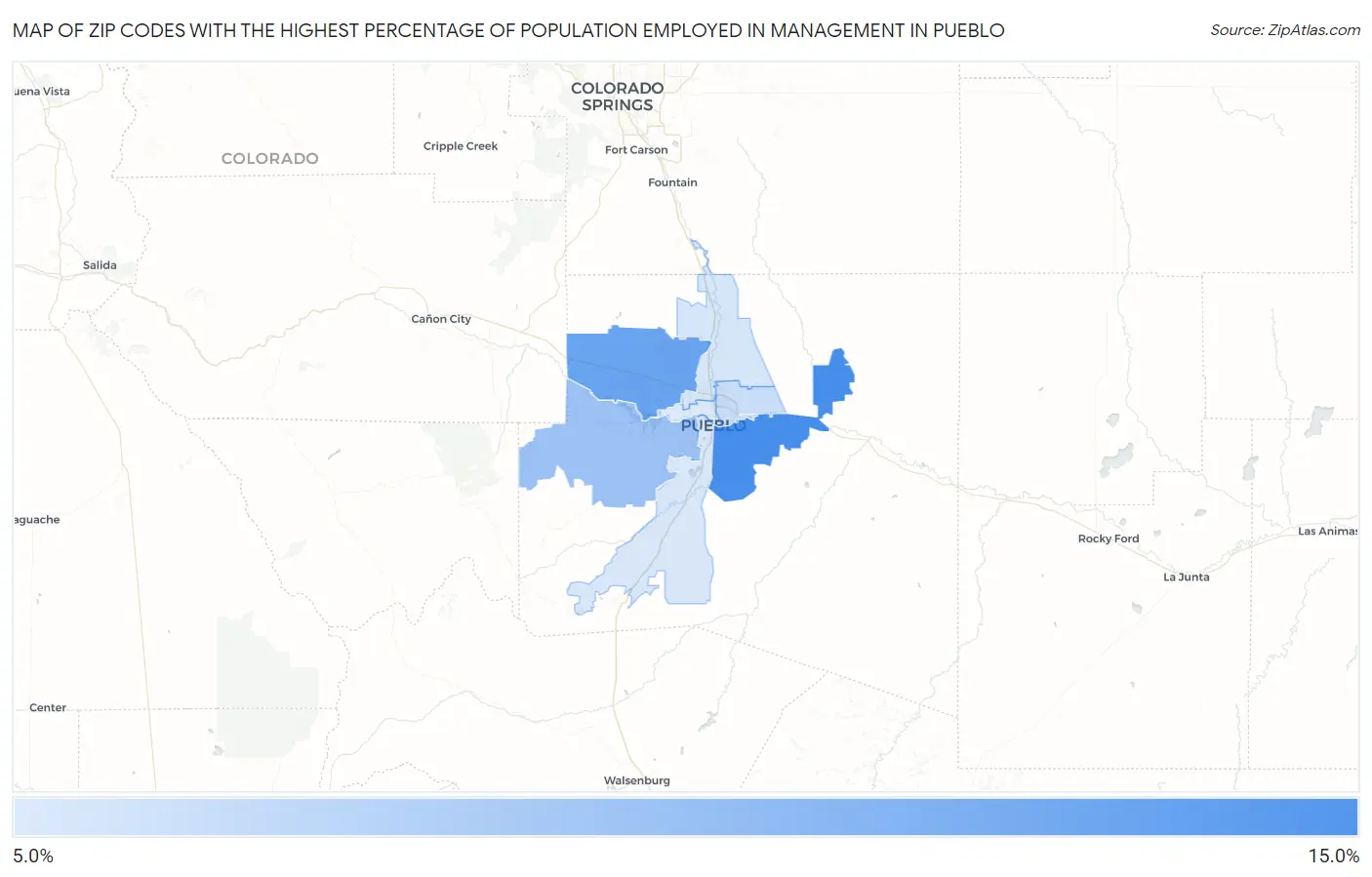 Zip Codes with the Highest Percentage of Population Employed in Management in Pueblo Map
