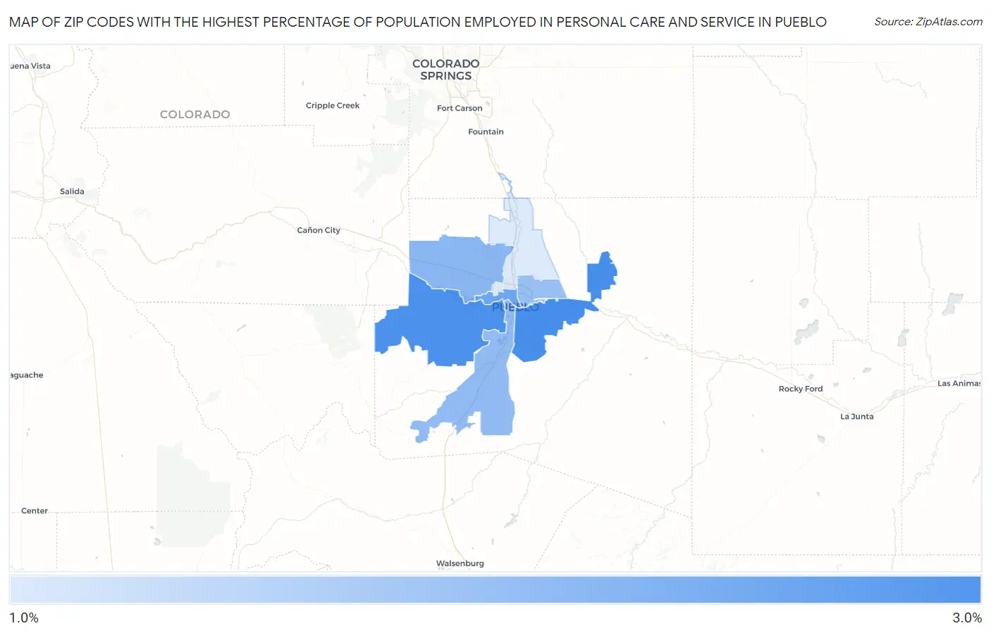 Zip Codes with the Highest Percentage of Population Employed in Personal Care and Service in Pueblo Map