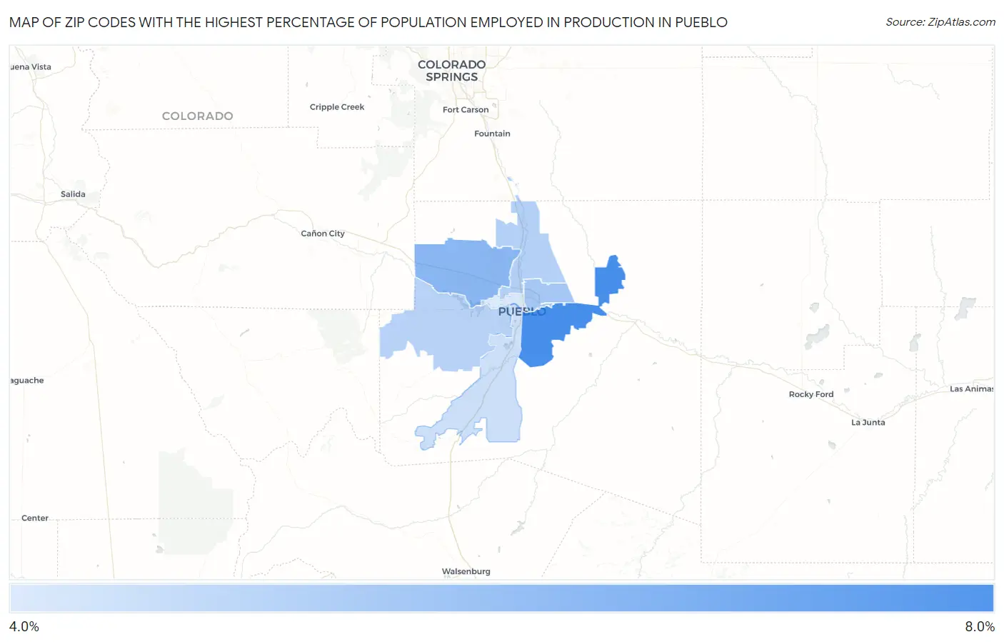 Zip Codes with the Highest Percentage of Population Employed in Production in Pueblo Map