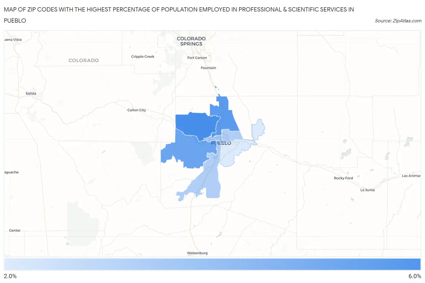 Zip Codes with the Highest Percentage of Population Employed in Professional & Scientific Services in Pueblo Map
