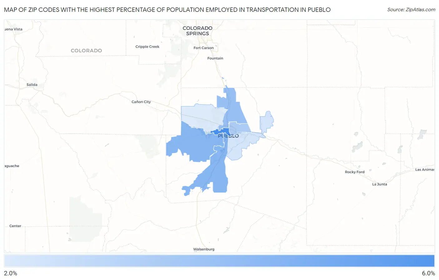 Zip Codes with the Highest Percentage of Population Employed in Transportation in Pueblo Map