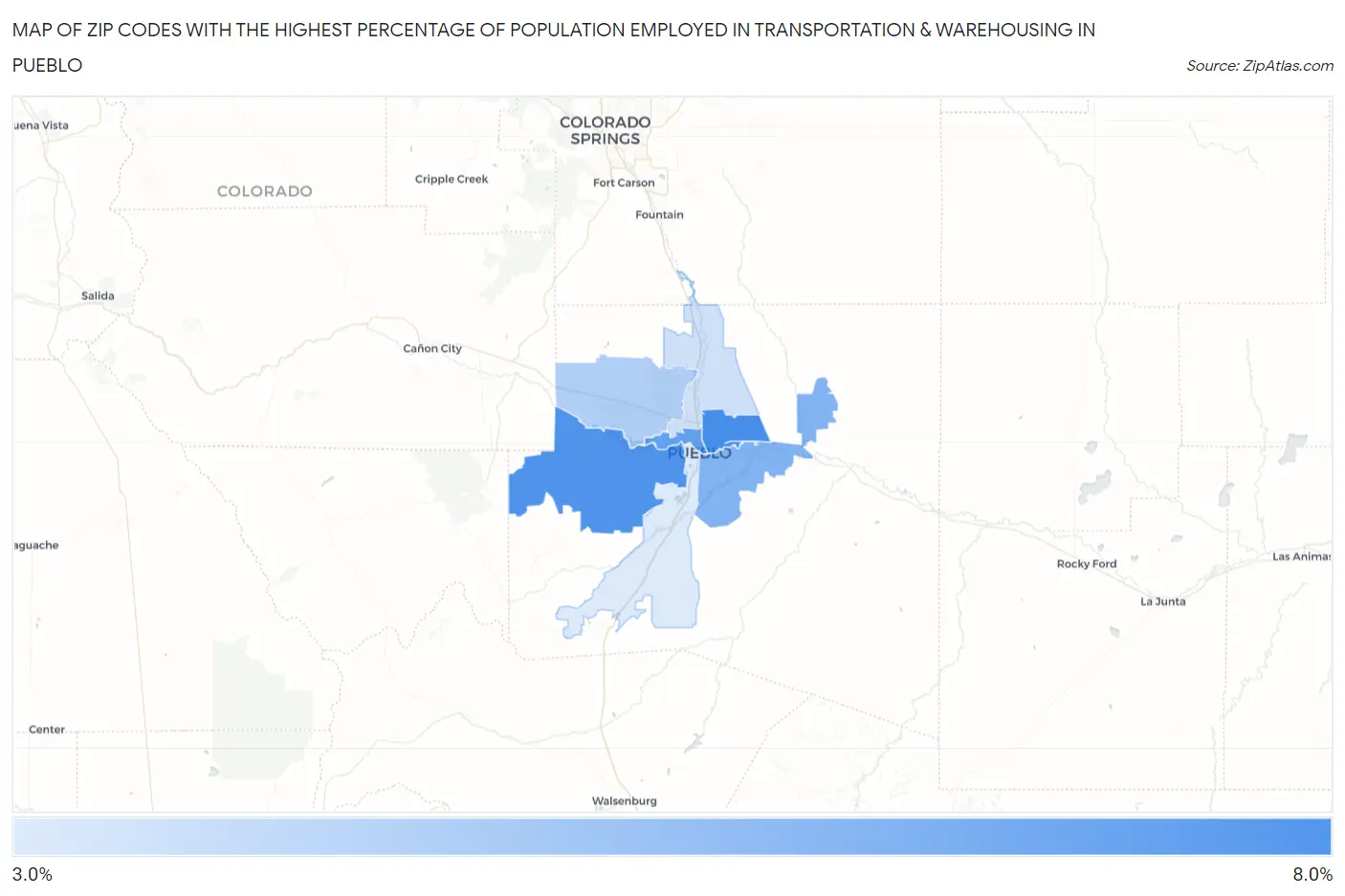 Zip Codes with the Highest Percentage of Population Employed in Transportation & Warehousing in Pueblo Map