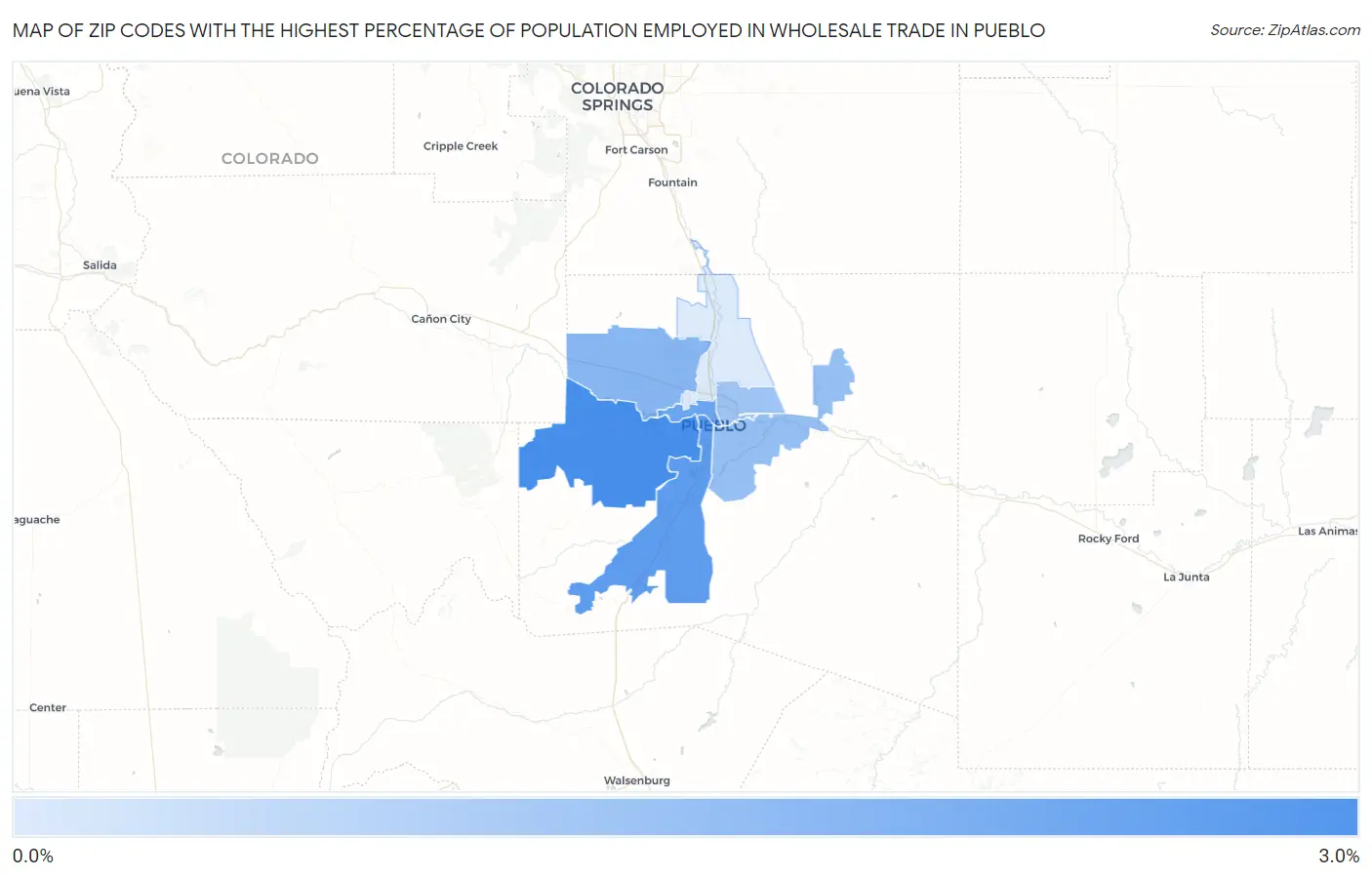 Zip Codes with the Highest Percentage of Population Employed in Wholesale Trade in Pueblo Map