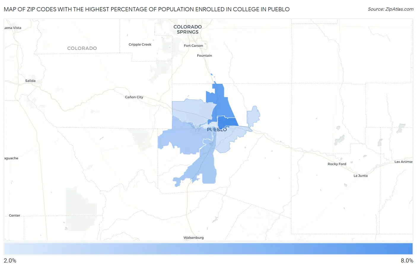 Zip Codes with the Highest Percentage of Population Enrolled in College in Pueblo Map