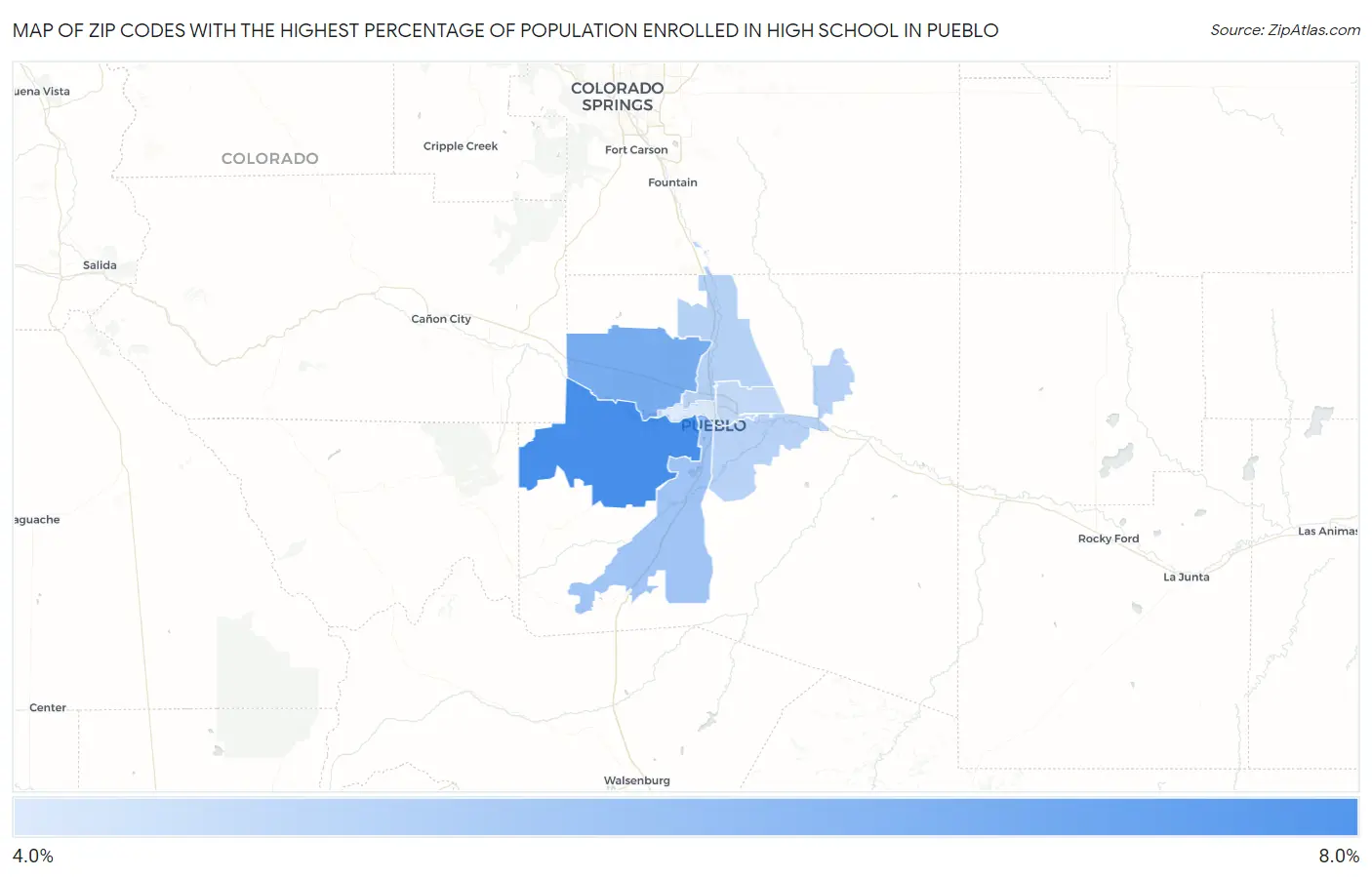 Zip Codes with the Highest Percentage of Population Enrolled in High School in Pueblo Map