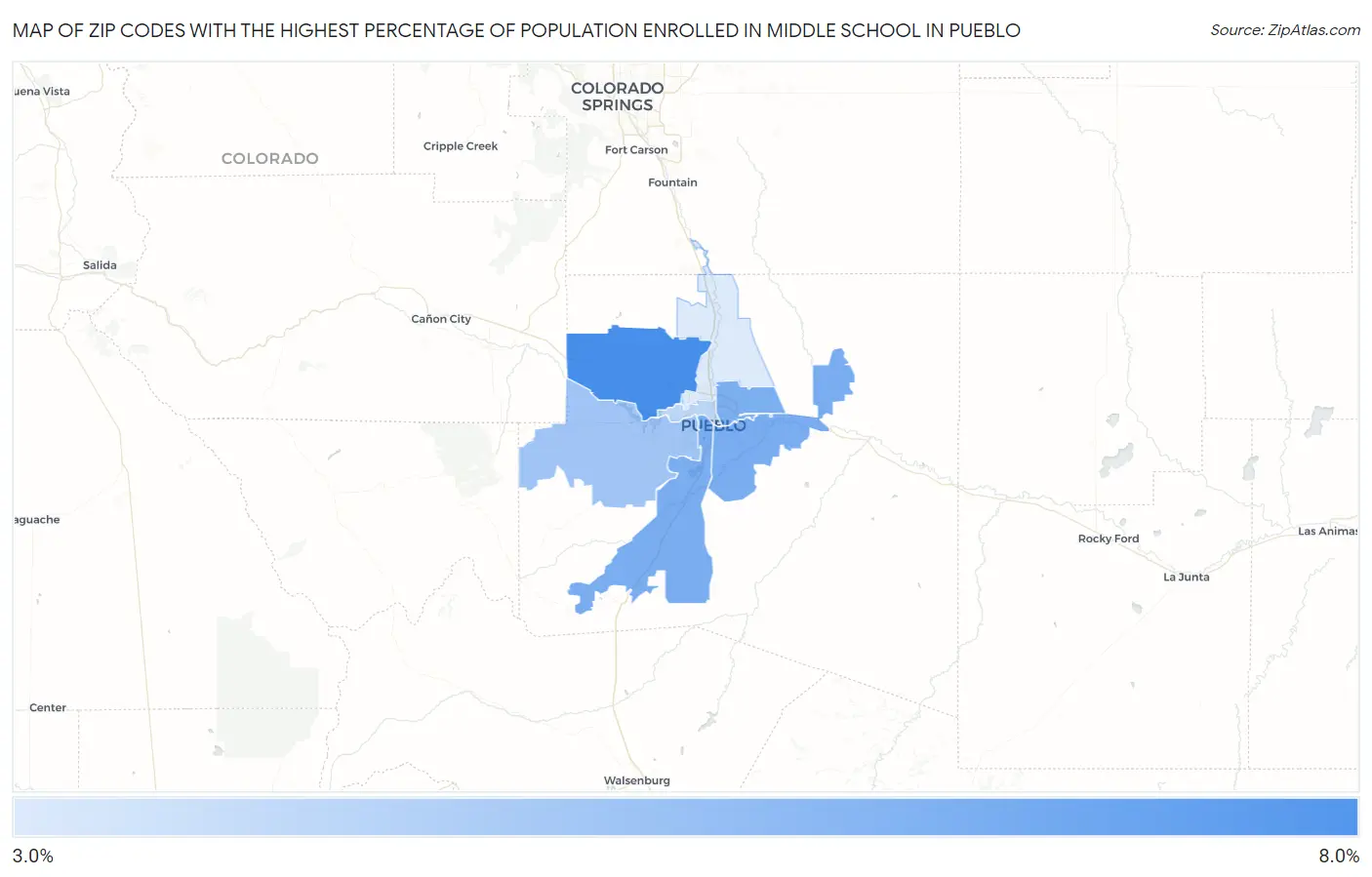 Zip Codes with the Highest Percentage of Population Enrolled in Middle School in Pueblo Map