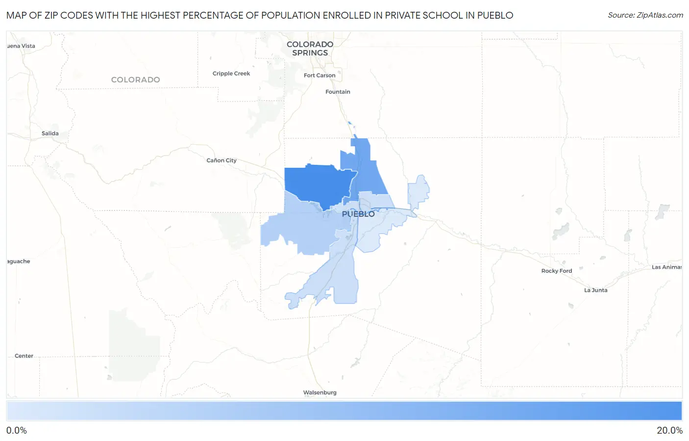 Zip Codes with the Highest Percentage of Population Enrolled in Private School in Pueblo Map
