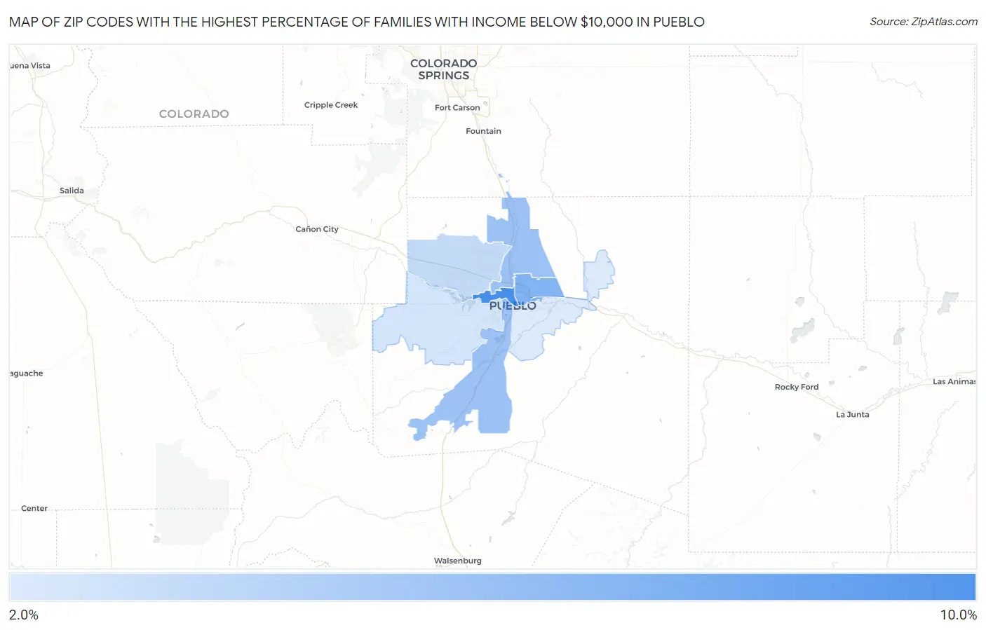 Zip Codes with the Highest Percentage of Families with Income Below $10,000 in Pueblo Map