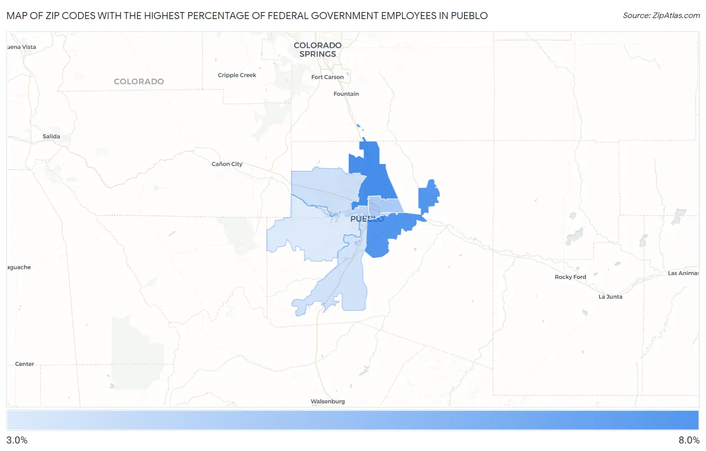 Zip Codes with the Highest Percentage of Federal Government Employees in Pueblo Map