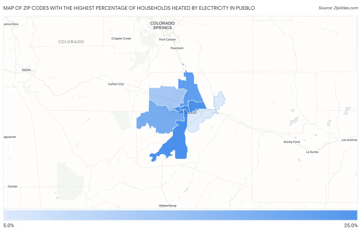 Zip Codes with the Highest Percentage of Households Heated by Electricity in Pueblo Map
