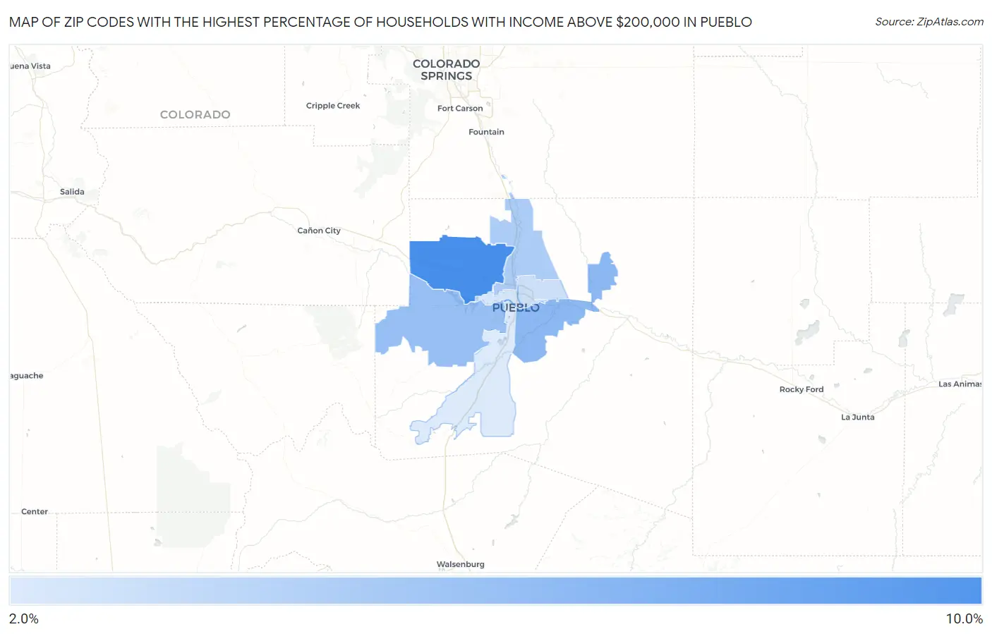 Zip Codes with the Highest Percentage of Households with Income Above $200,000 in Pueblo Map