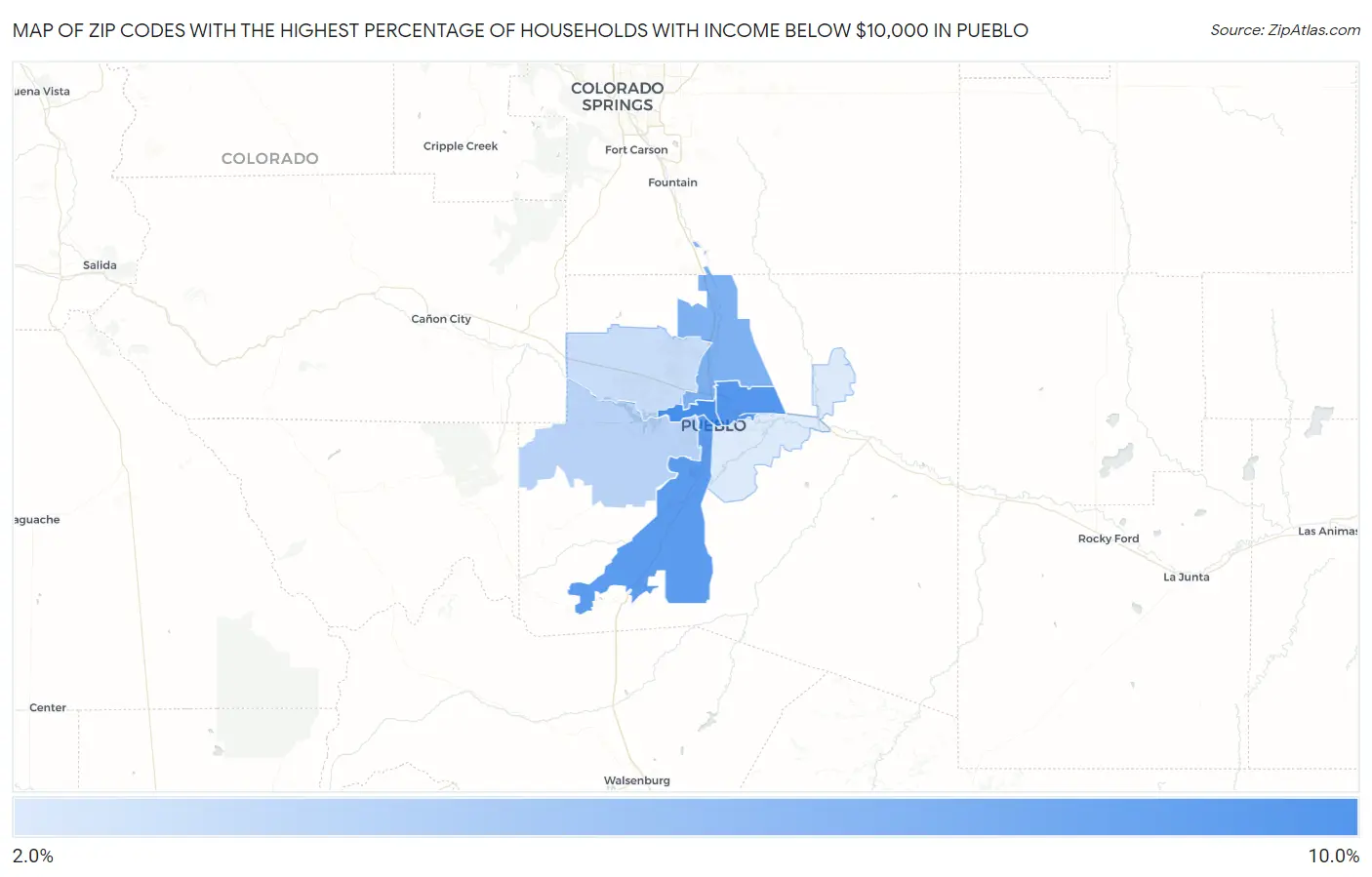 Zip Codes with the Highest Percentage of Households with Income Below $10,000 in Pueblo Map