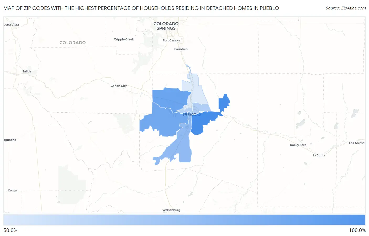 Zip Codes with the Highest Percentage of Households Residing in Detached Homes in Pueblo Map