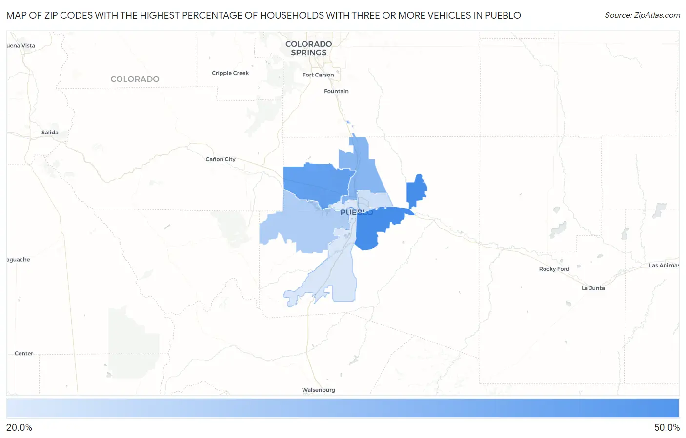 Zip Codes with the Highest Percentage of Households With Three or more Vehicles in Pueblo Map