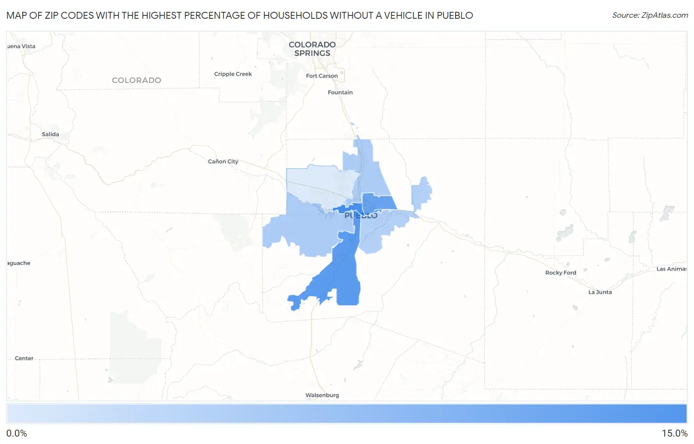 Zip Codes with the Highest Percentage of Households Without a Vehicle in Pueblo Map