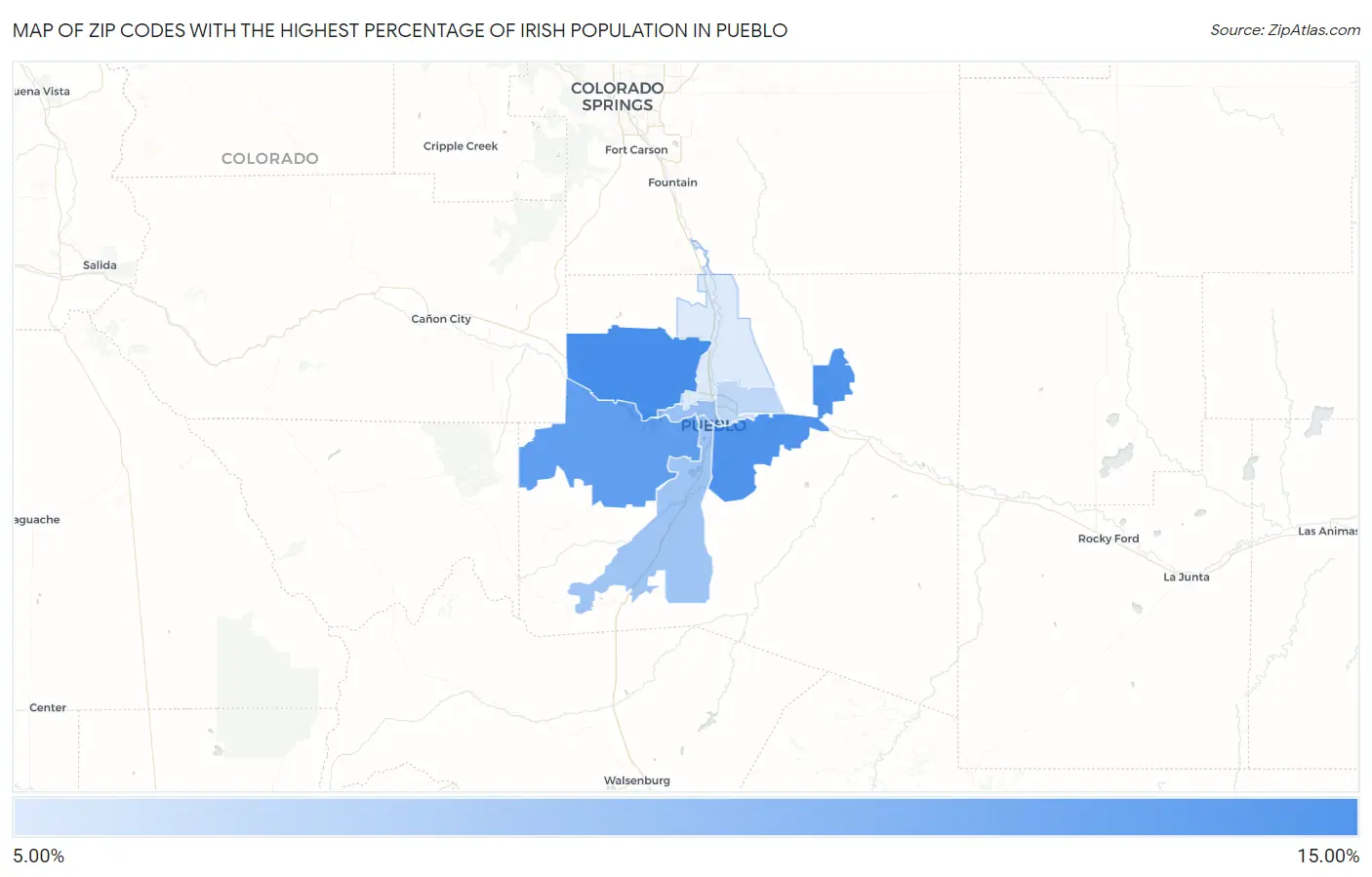 Zip Codes with the Highest Percentage of Irish Population in Pueblo Map
